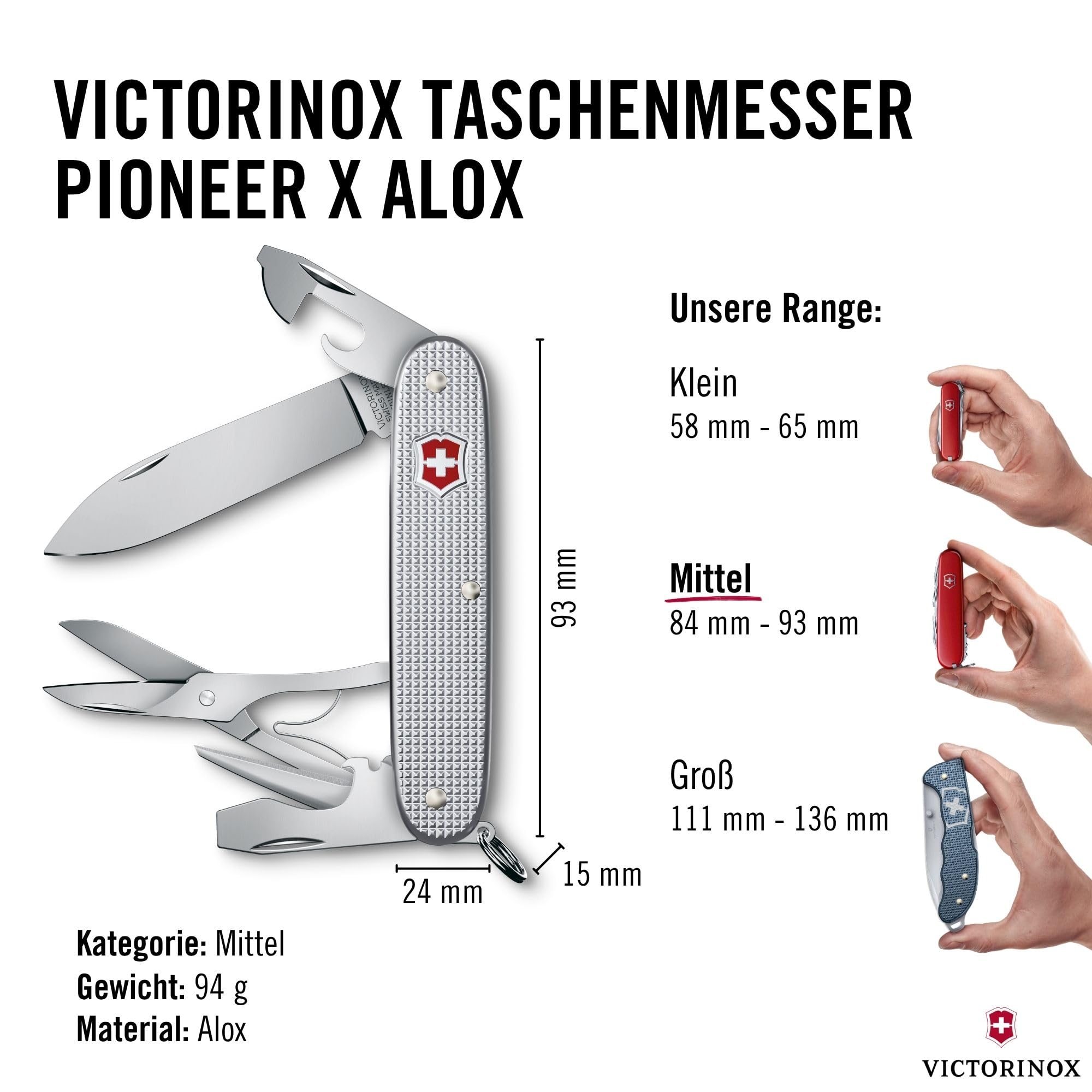 Victorinox Schweizer Taschenmesser, Pioneer X, Swiss Army Knife, Multitool, 9 Funktionen, Klinge, Schraubendreher 3 mm, Kapselheber, Silber