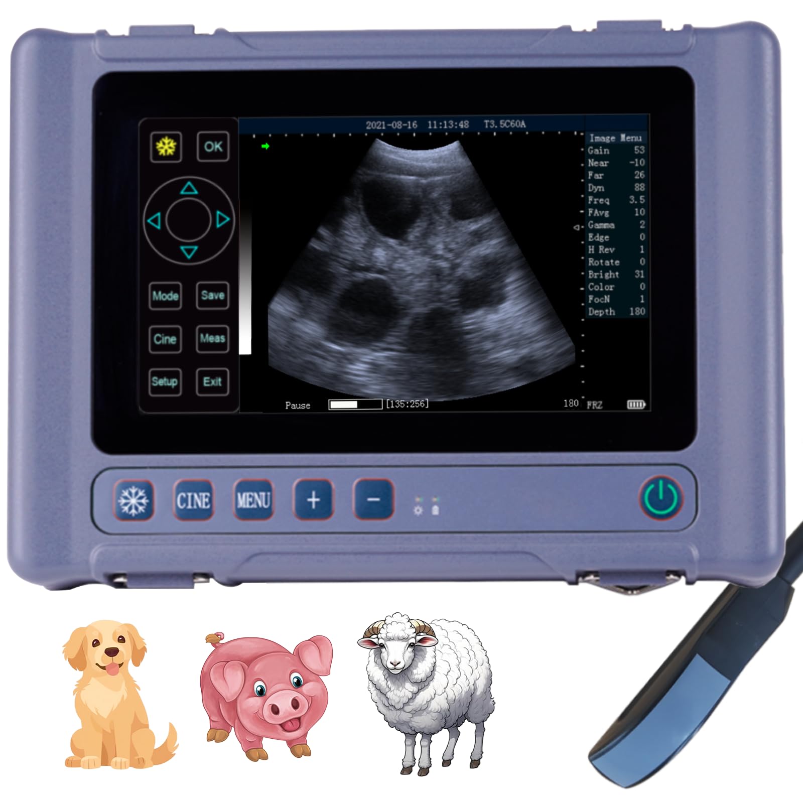 T1 Portable Ultrasound Machine with an 8-inch Touchscreen and a 4.0 MHz Rectal Array Probe for Pregnancy Detection in Pigs, Cattle, Sheep, and Horses. (Detection Depth: 4.7-7.8 inches)