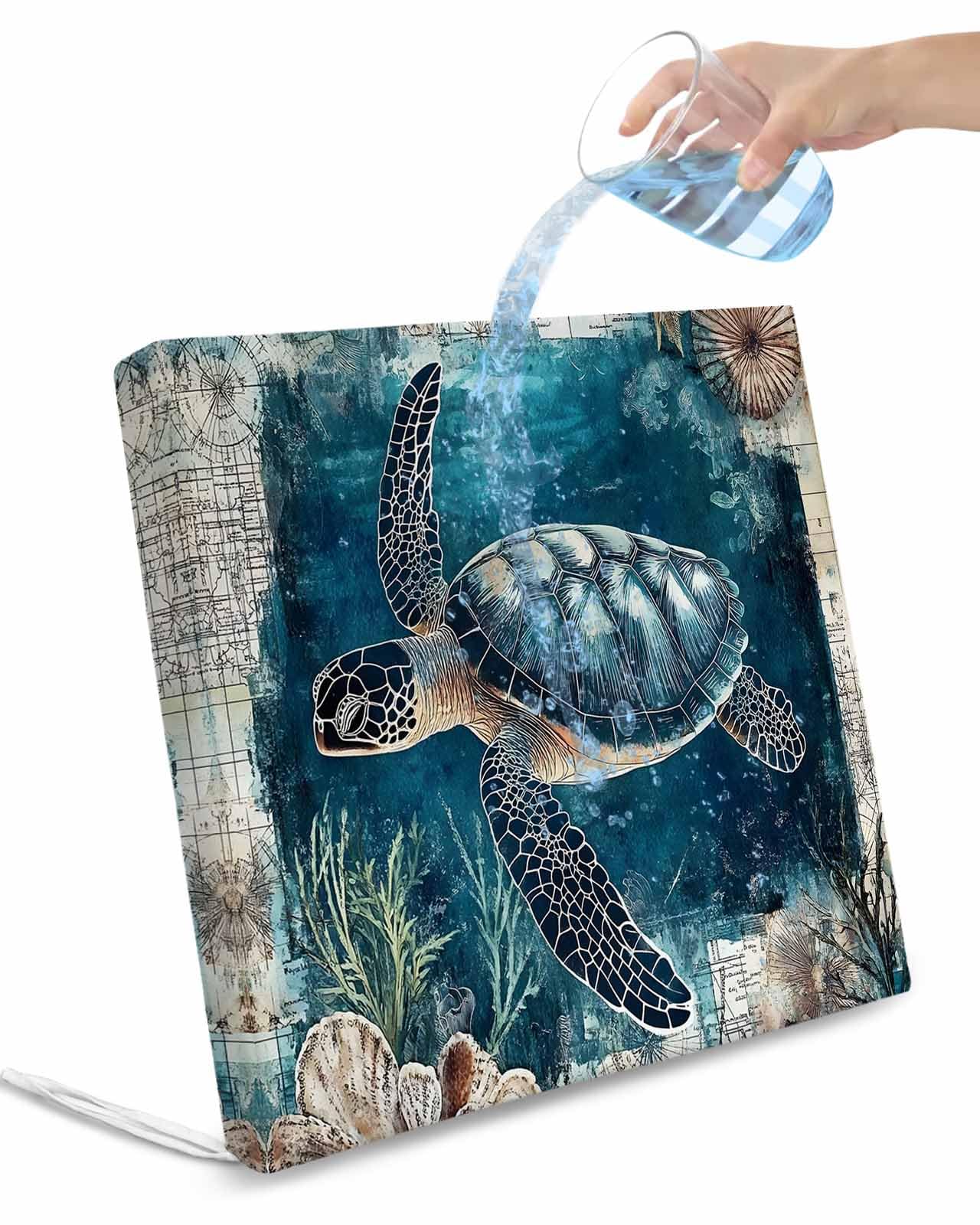 2 Pack Nautical Sea Turtle Waterproof Cushion Covers with Ties, Outdoor Patio Chaise Lounge Chair Seat Cushion Slip Covers Replacement(Only Cover) Coastal Vintage Ocean Shells 20