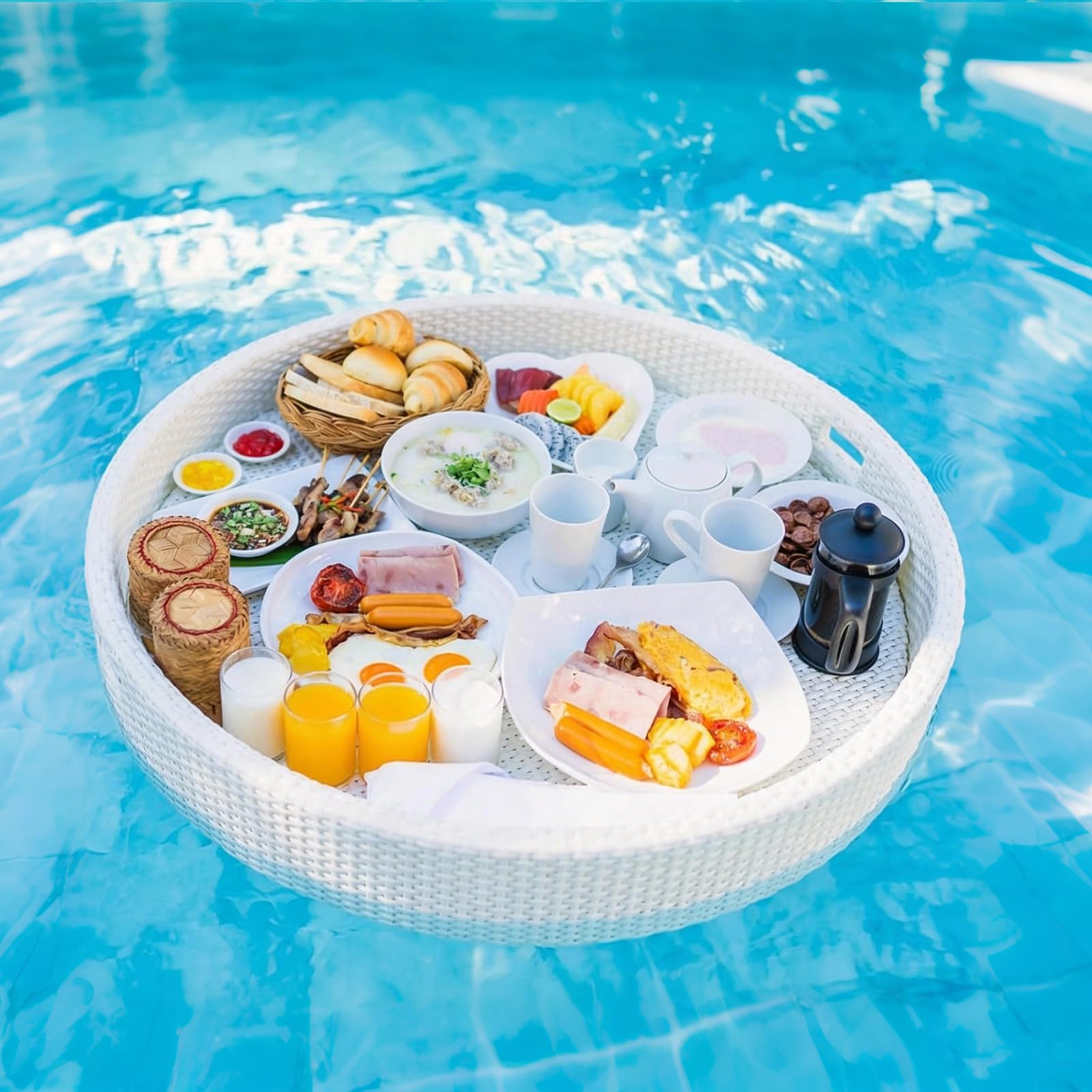 Floating Tray for Pool – Heavy-Duty Floating Pool Tray for Food and Drinks, Spill-Proof Floating Drink Holder for Pool, Swim Up Bars for Pool, Adult Swimming Accessory Circle-White