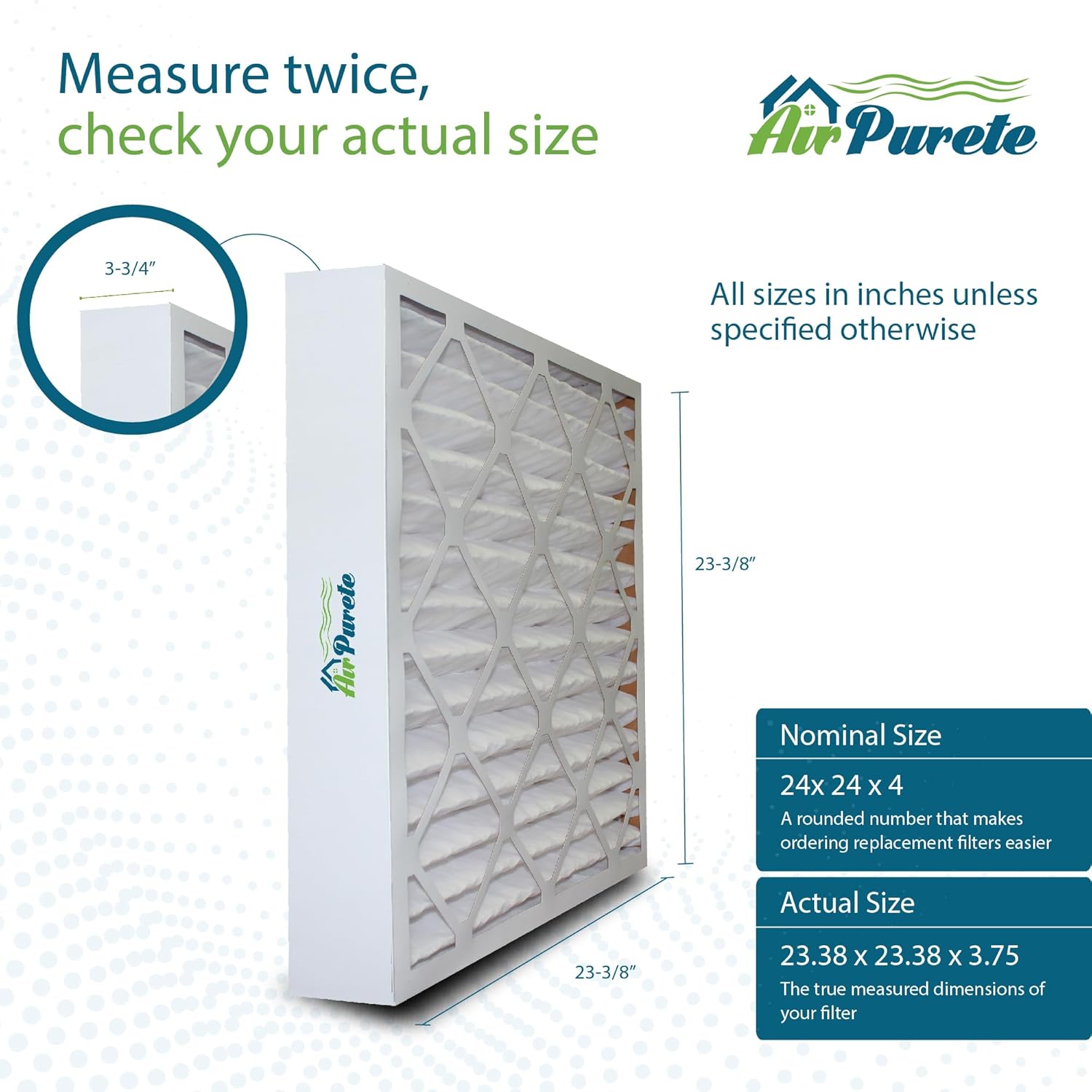 Air Purete 24x24x4 MERV 8 Pleated Air Filter (MPR 700) for HVAC AC Furnace Filters, AP-CF24244 Actual Size 23.38 x 23.38 x 3.75, Pack of 6