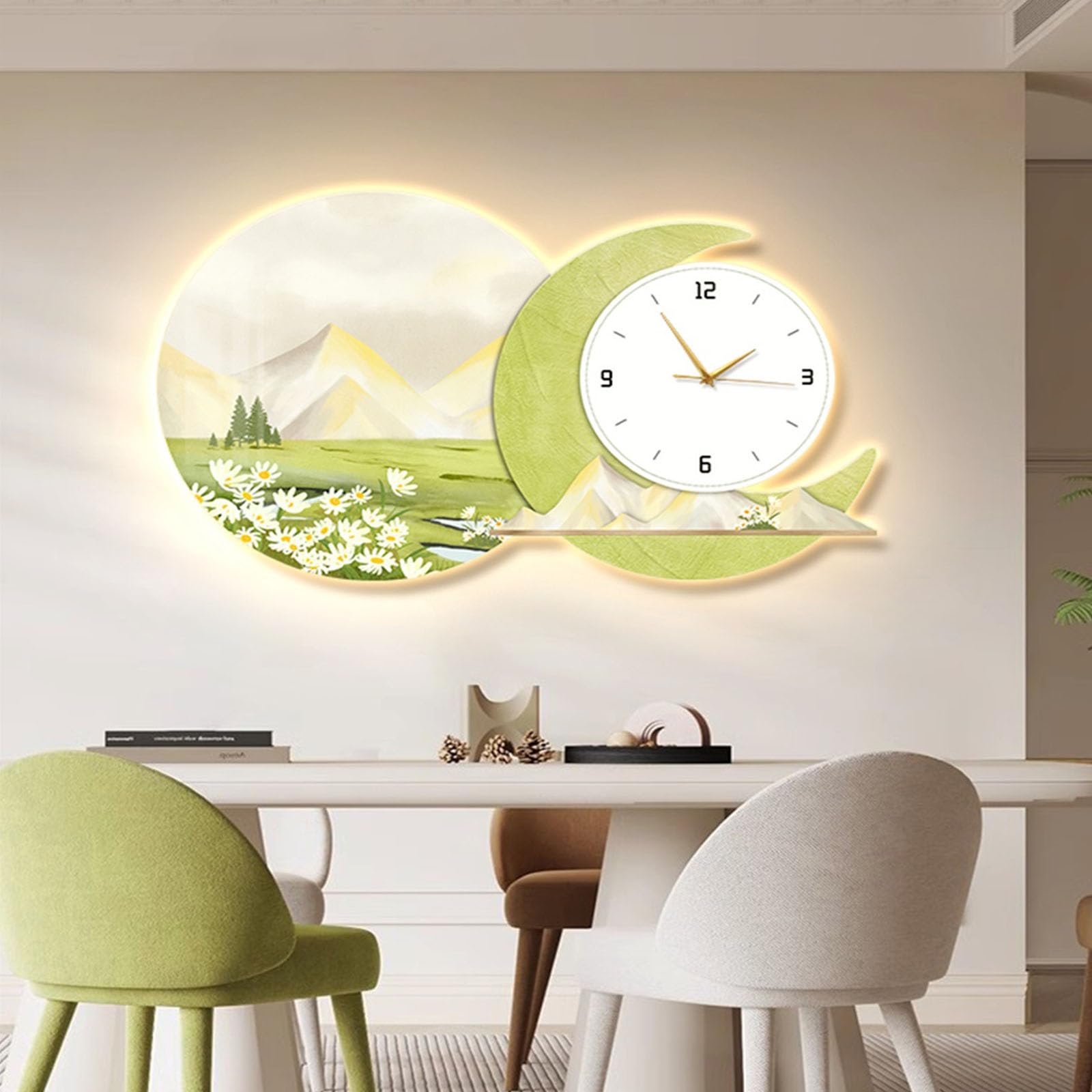Dekoracyjny obraz z zegarem Crystal Porcelain Wall Painting Wall Clock Set, Wall Art Hanging Clocks, Luxury High End Modern Decorative Lampa ścienna(Green,80 * 60cm)