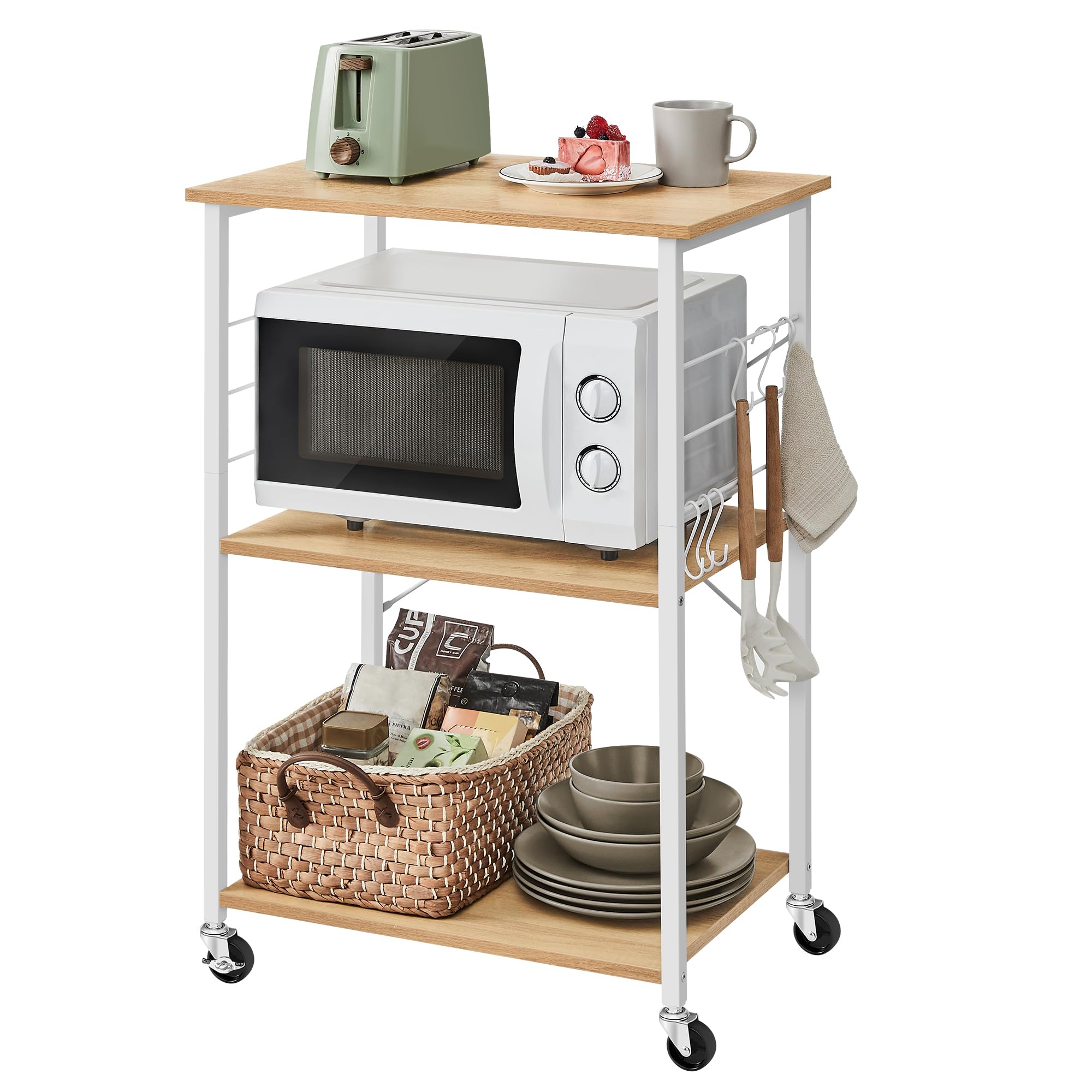 VASAGLE 3-Tier Range Board Kitchen Rack with Wheels | KKS060Y09 Microwave Rack, Kitchen Shelf, 23.6 inches (60 cm) Wide, Includes 6 S-Shaped Racks, Slim, Gap Storage, KKS060Y09 Width 60 cm natural