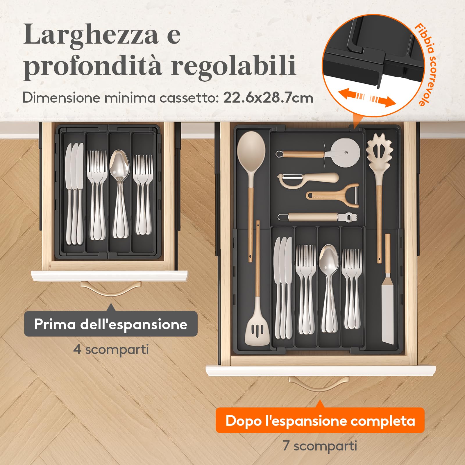 Lifewit Organizer Cassetti Cucina Regolabile, Vassoio Plastica per Utensili e Coltelli, 4-7 Scomparti, Larghezza 22,5-36 cm, Nero