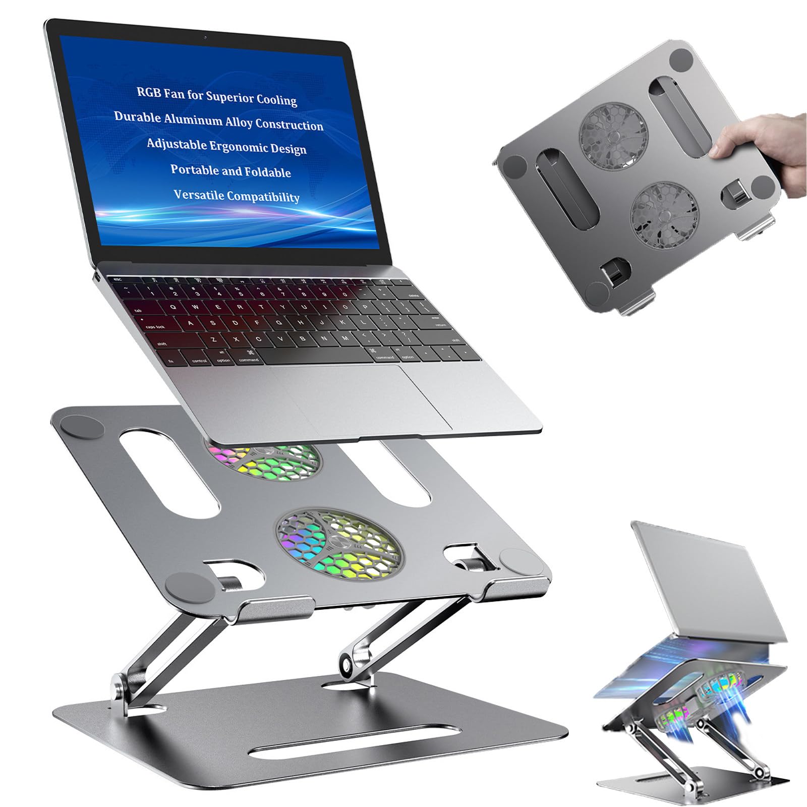 Podstawka chłodząca do laptopa, Podstawka chłodząca Szara 2 wentylatory RGB Składany pod wieloma kątami Ergonomiczne laptopy biurowe 10-16