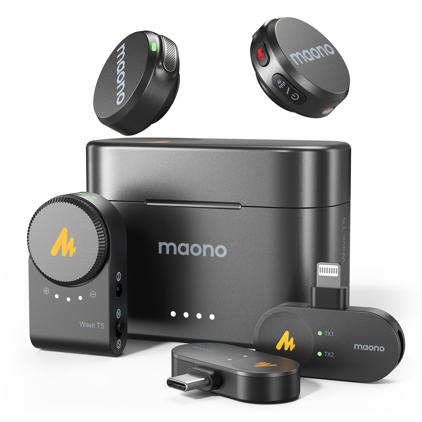 Kit de Microfones Lapela Sem Fio Maono Wave T5 Versão Combo completo Camera, USB Tipo-C e