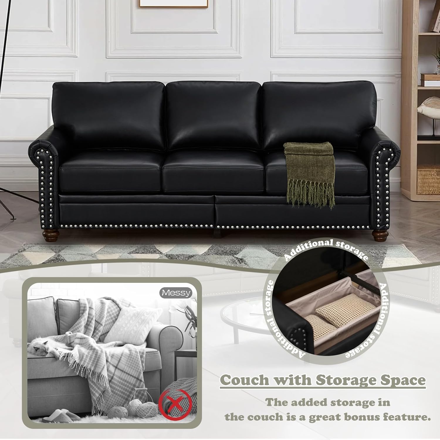 Antetek 3-Piece Faux Leather Sofa Couch Set, Mid-Century Modern Arm Chair+Loveseat Sofa+3 Seater Couch with Storage Space, Comfy Upholstered Sofas for Living Room, Furniture Set, Black