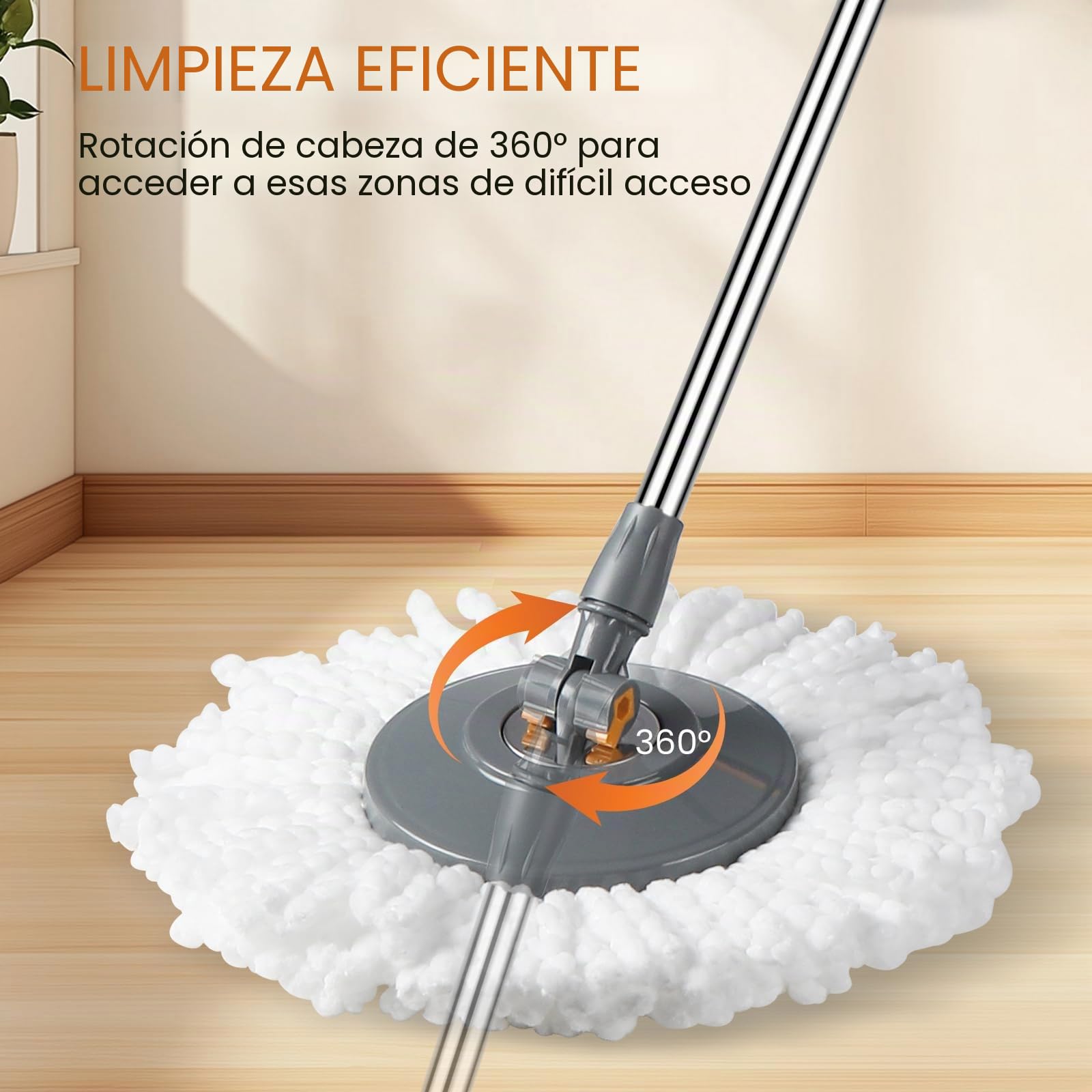 Rainberg Juego de fregona giratoria y Cubo con 3 Cabezales adicionales, Mango Extensible de 130 cm, Cabezales de Microfibra Lavables a máquina, Sistema de autoescurrido, Gris y Naranja (Juego de