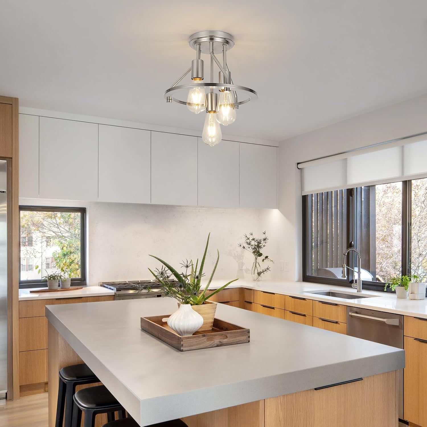 WILON Ceiling Light,Brushed Nickel Semi Flush Mount Light.3-Light Ceiling Light Fixtures Farmhouse Kitchen Light Industrial Hallway Light Fixtures E26 Socket Lamp for Hallway Kitchen Foyer