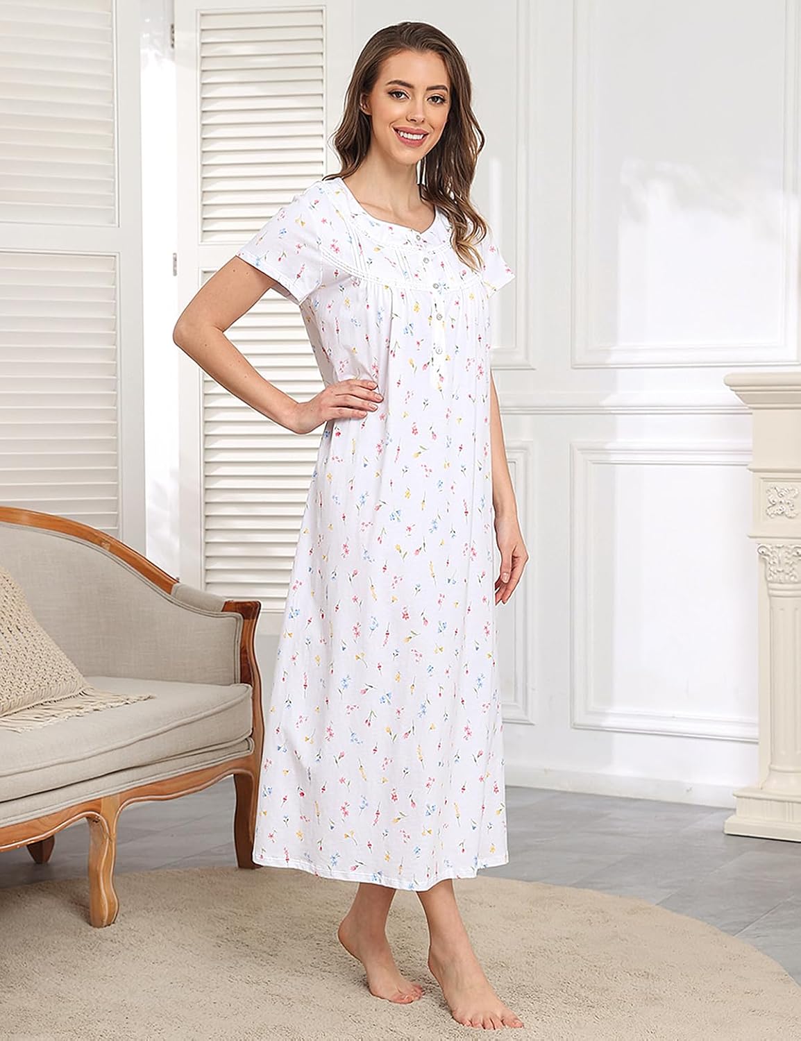 MZROCR Cotton Women's Nightgowns Soft Night Gowns for Women Sleepwear Short Sleeve Sleepshirts Print White - Image 3