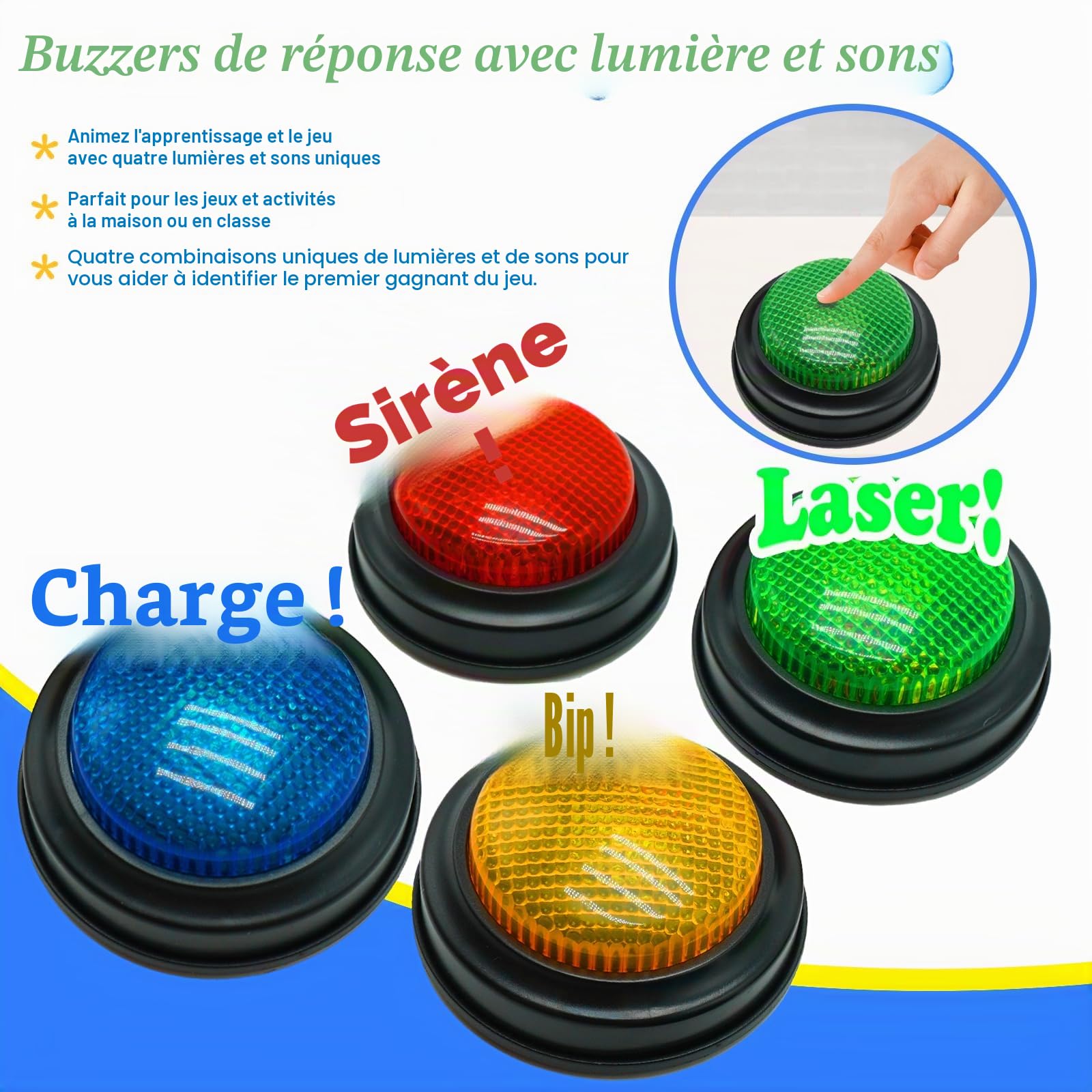 Gelaber Set de 4 Buzzer Blind Test, Buzzer pour Jeux de Questions avec 4 Sons Préenregistrés, Buzzer sonore et Lumineux, Cadeaux de Noël pour Enfants