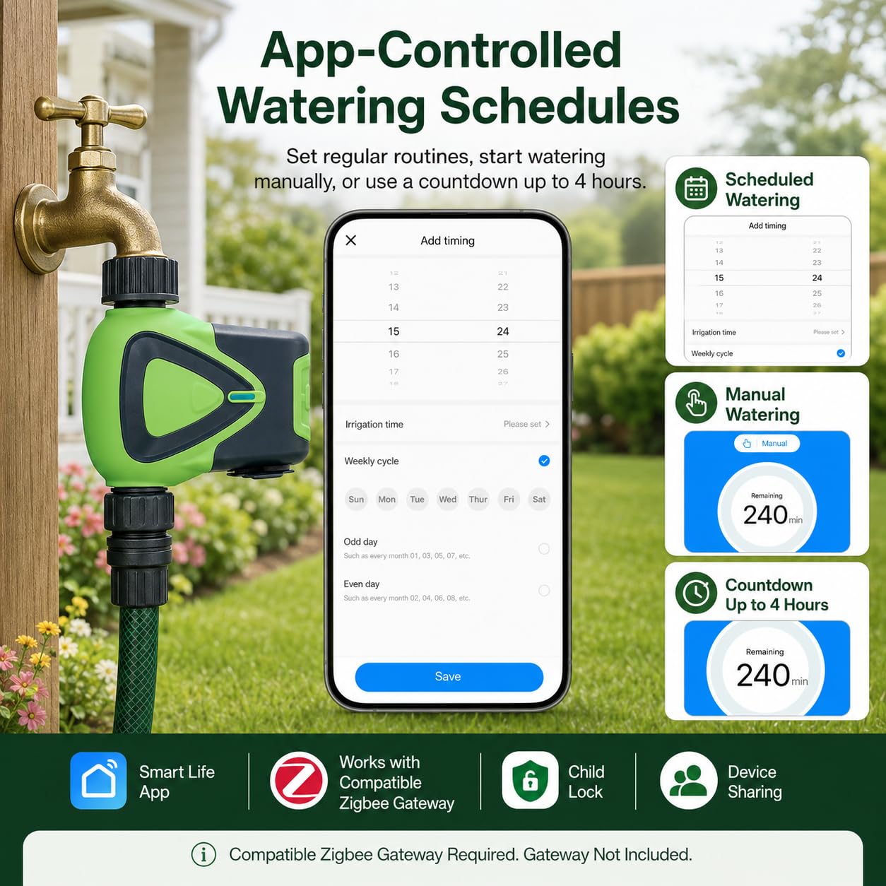 Programmateur Arrosage Zigbee Automatique, Minuteur Jardin Connecté | Programmateur arrosage Zigbee avec Smart Life, horaires personnalisés, compte à rebours et contrôle intelligent pour jardin