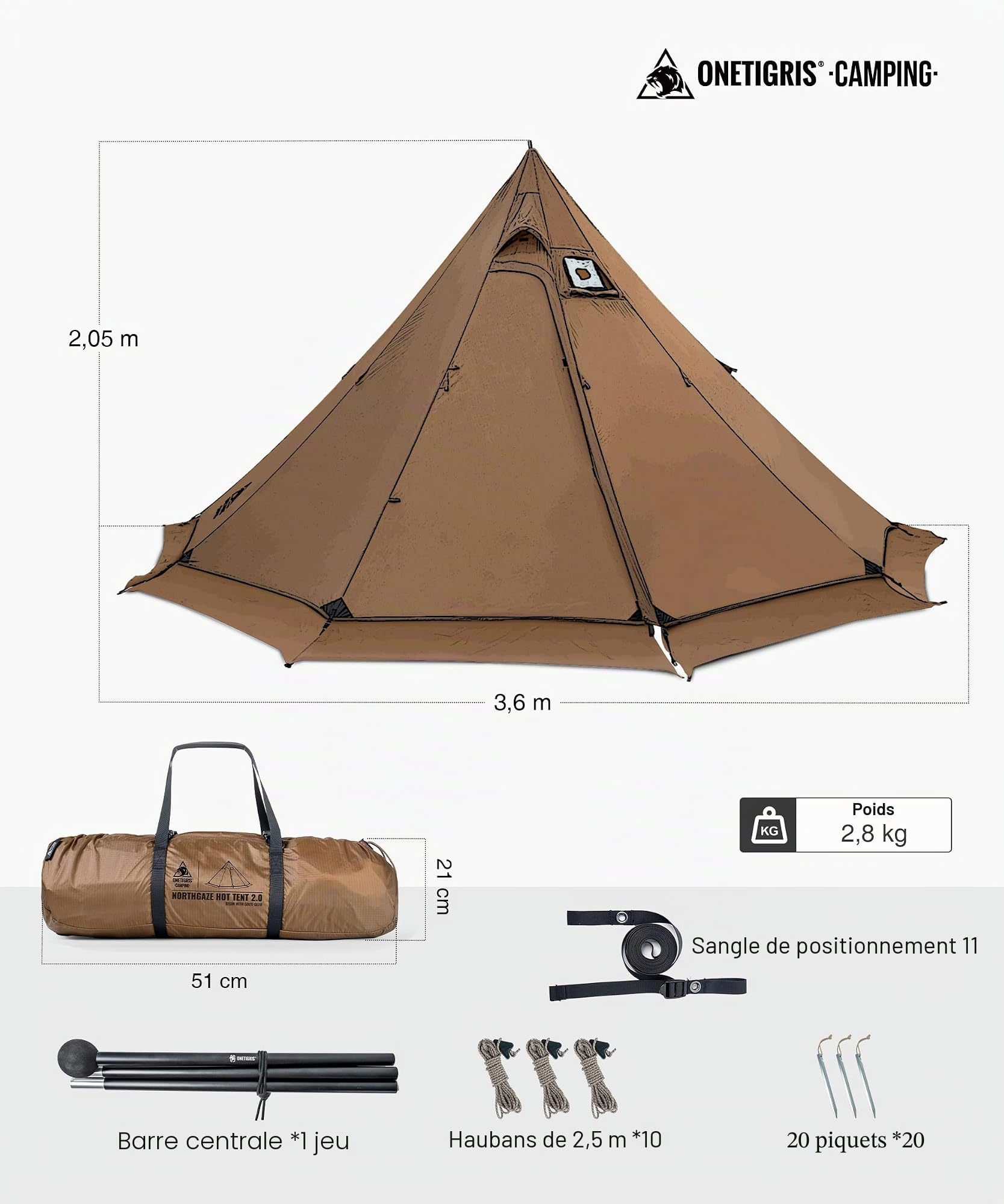 OneTigris NORTHGAZE 2.0 Tente tipi pour 2–4 personnes - Tente de camping extérieure avec ouverture pour poêle - Tente pour 4 saisons étanche 3000 mm - Tente pyramidale (Nylon)