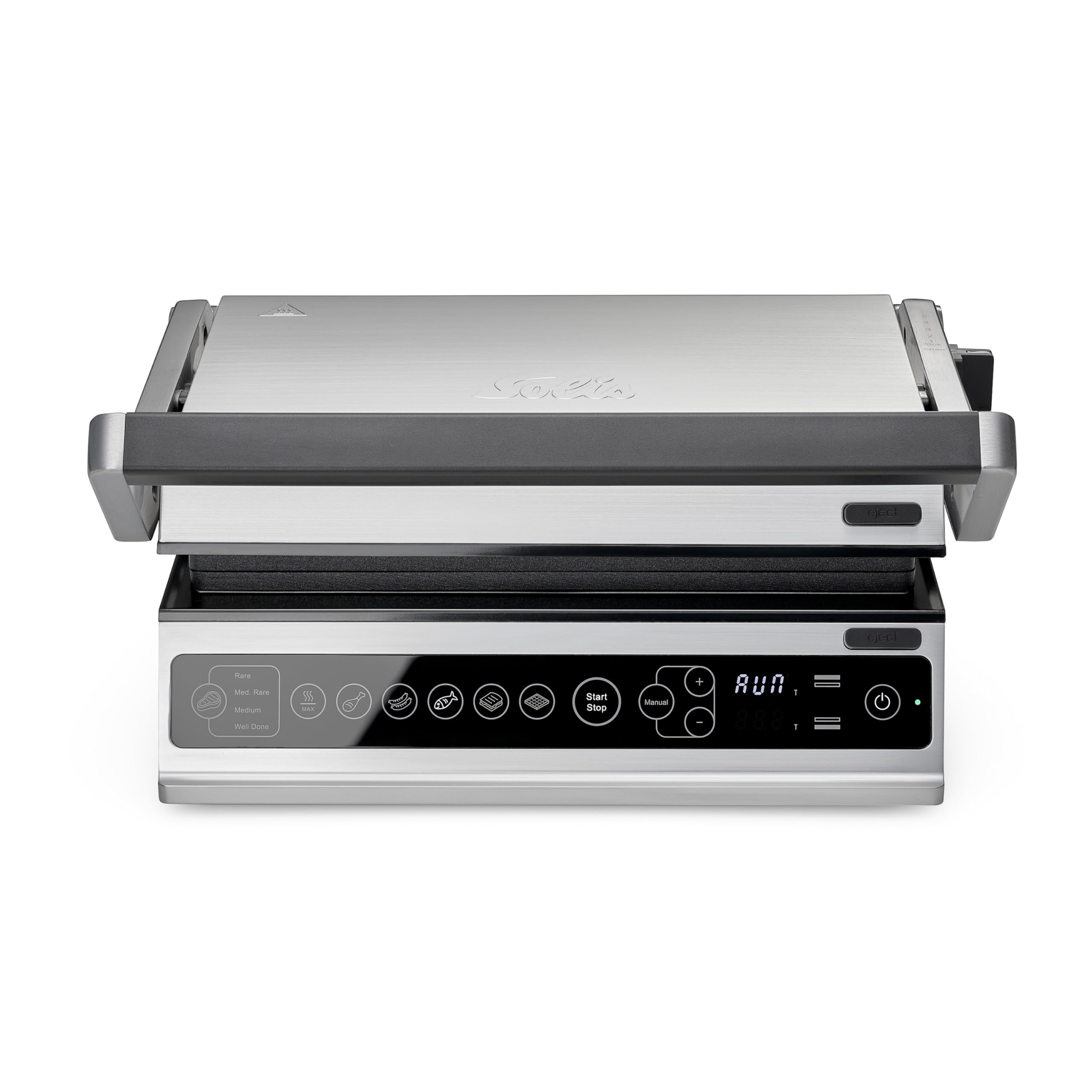 Solis Contact Grill Pro (tipo 7953) - Barbecue elettrico apribile a 180°, Panini Maker, Sandwich Tostapane, Bistecchiera per verdure, antiaderente, lavabile in lavastoviglie, acciaio inossidabile