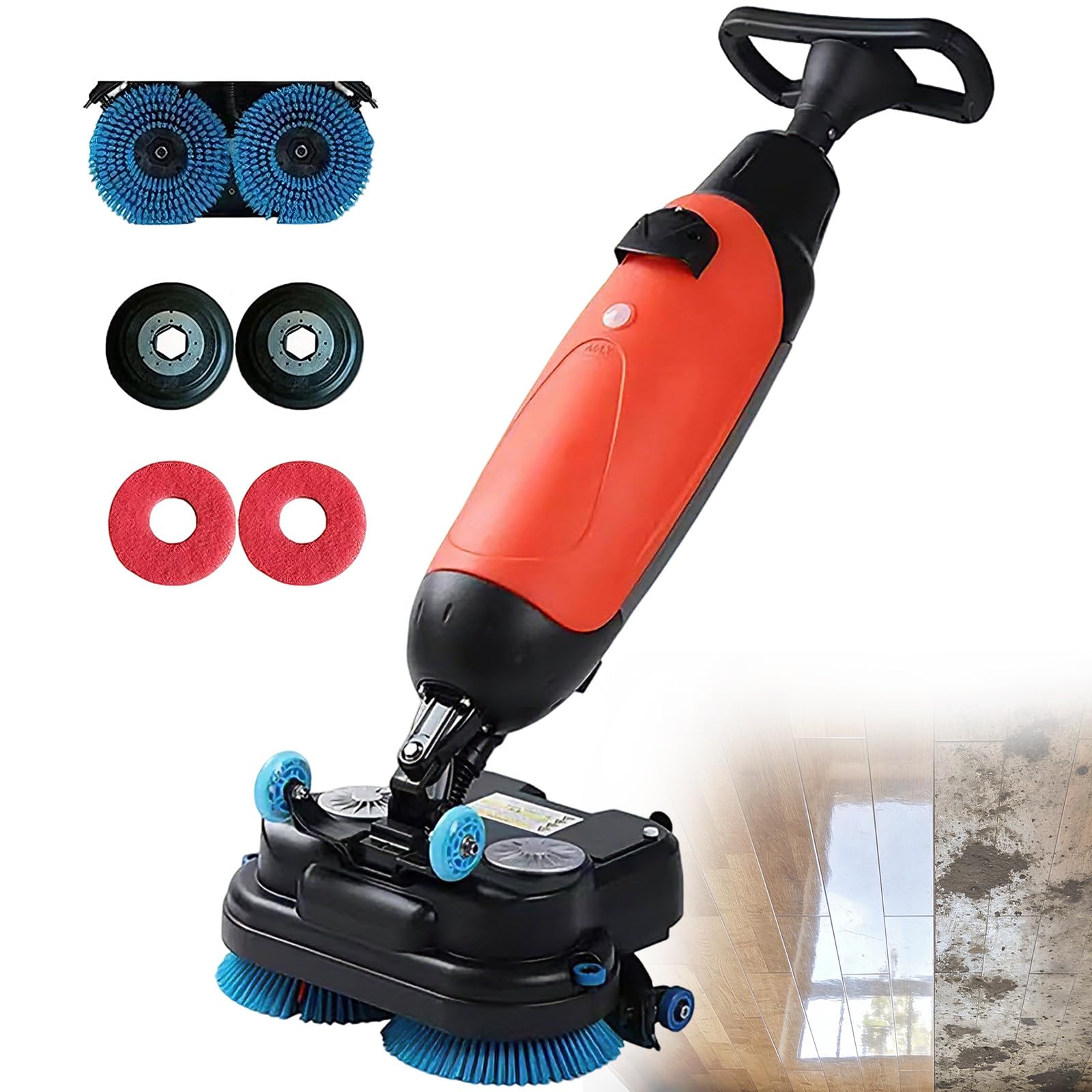Lavapavimenti elettrica, Macchina a Spinta con Doppia Spazzola, Lavatrice Professionale per Pavimenti, alimentata a Batteria, ad Alta capacità per Piastrelle e superfici du,Red