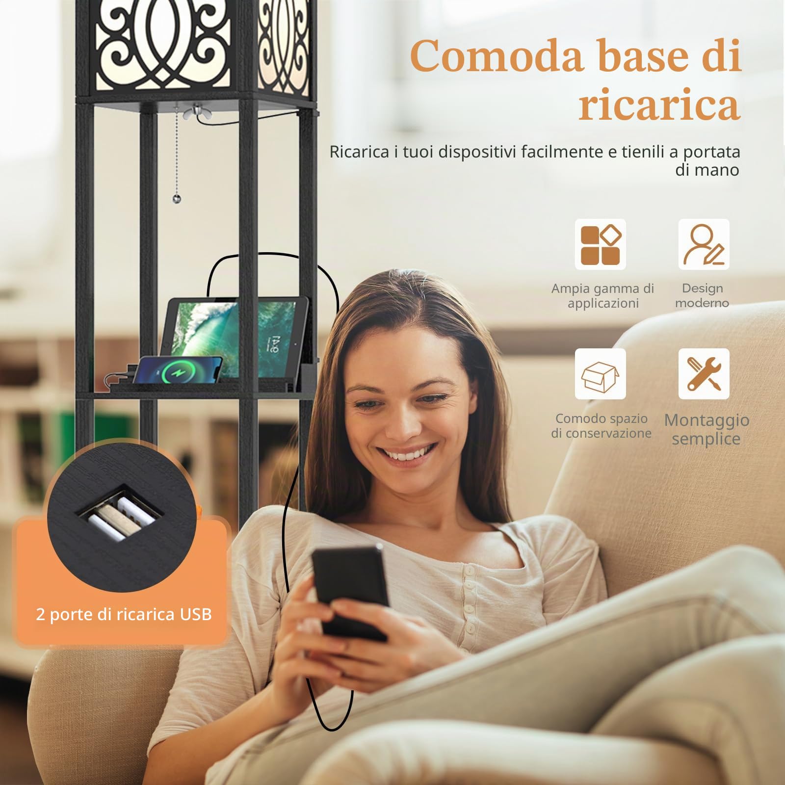 HOMASIS Lampada da Terra con 3 Ripiani, Piantana Lampada da Terra con 2 Porte USB, Lampadina E27(Non Incluso), Lampada da Pavimento Salotto, 26 x 26 x 160,5 cm, Nero (Modello 2)