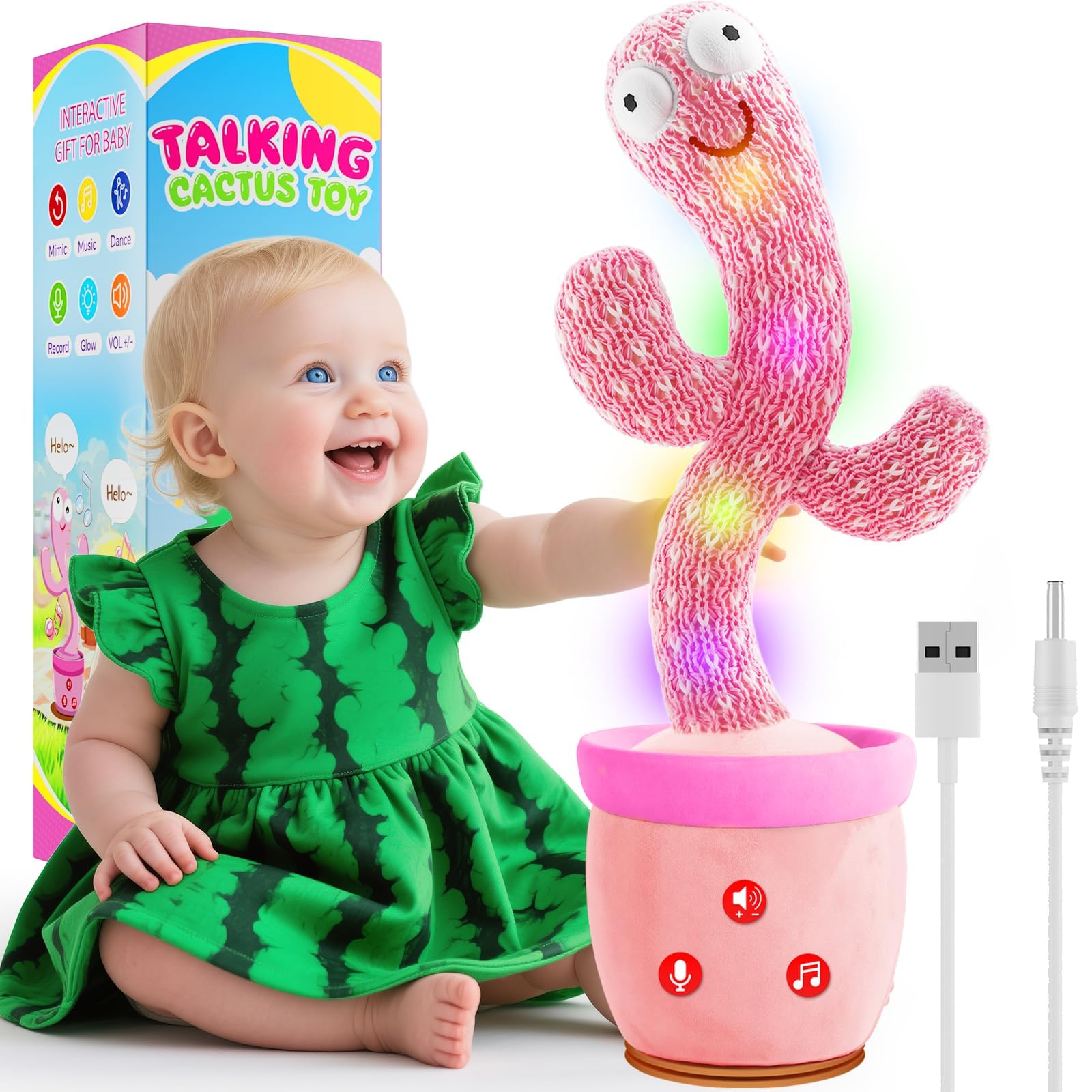 Photo 1 of **MISSING CHARGER CORD**River Mill Rechargeable Dancing Talking Cactus Toy, Singing Cactus Baby Toy that Talks Back, Educational Baby Toys 18 Months+, Learning Toys for Babies Toddlers Infant, 1 Year Old Girl Gifts