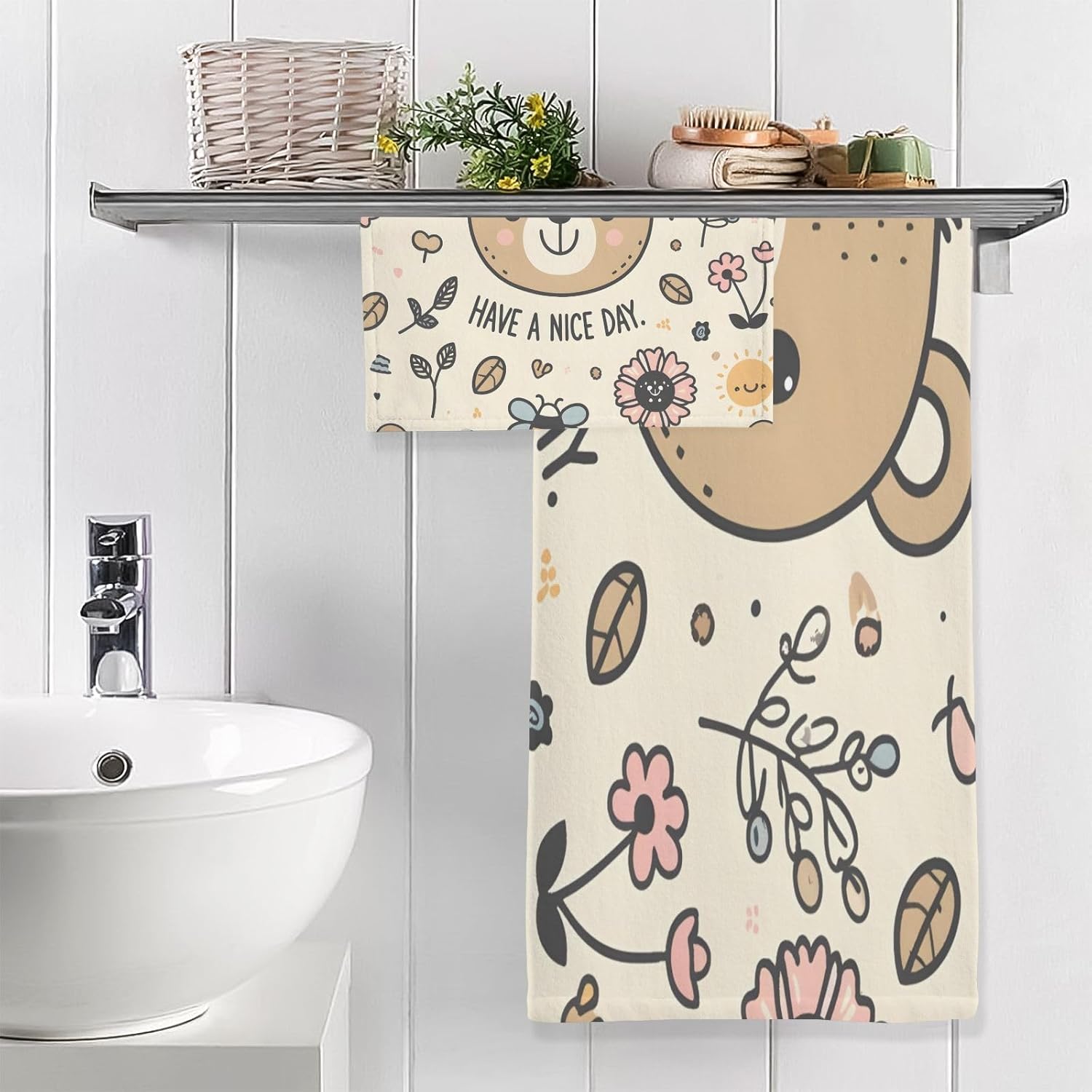 Hand Towels Premium Soft and Highly Absorbent Cute Bear Smile Face 2 Pcs Towels for Bathroom Set 100% Cotton Decorative Face Towels