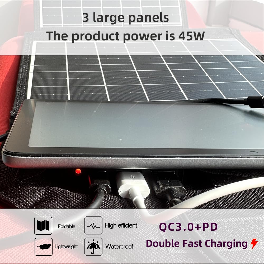 Cargador de Paneles solares Plegable de 45W con USB-C y USB-A Teléfono, Fuente de alimentación, Salida QC3.0 de la Tableta - Acampar, Caminar, Viajar con Mochila a Prueba de Agua