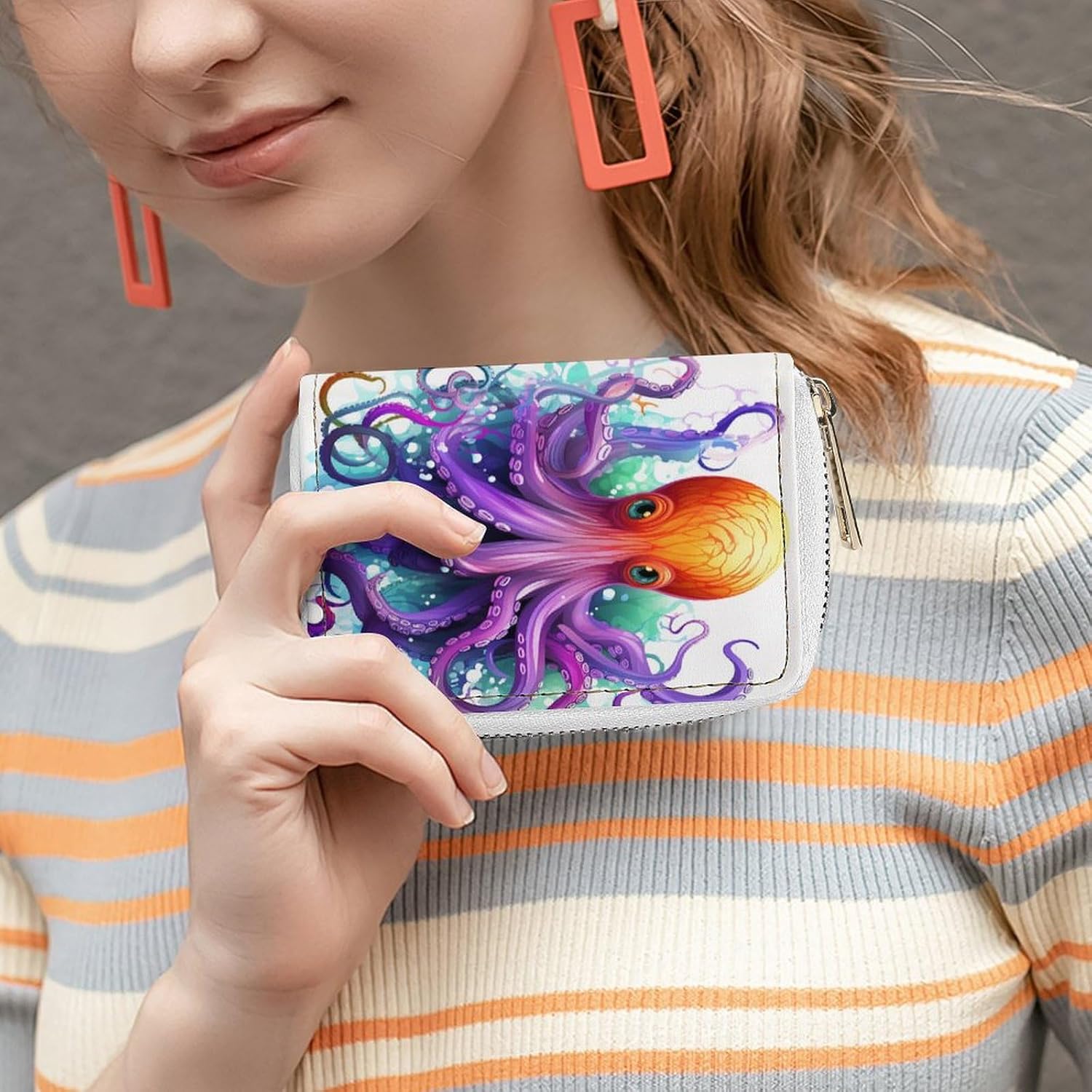 Leather Card Organizer Case Card Wallet Credit Card Holder Colorful Octopus Printed Zipper Card Cases Holder for Women Men