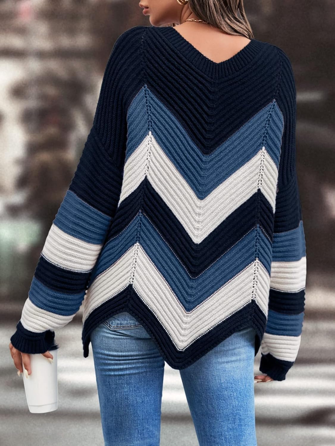 Colorblock Chevron Pattern Asymmetric Hem Sweater (Color : Navy Blue, Size : Large)