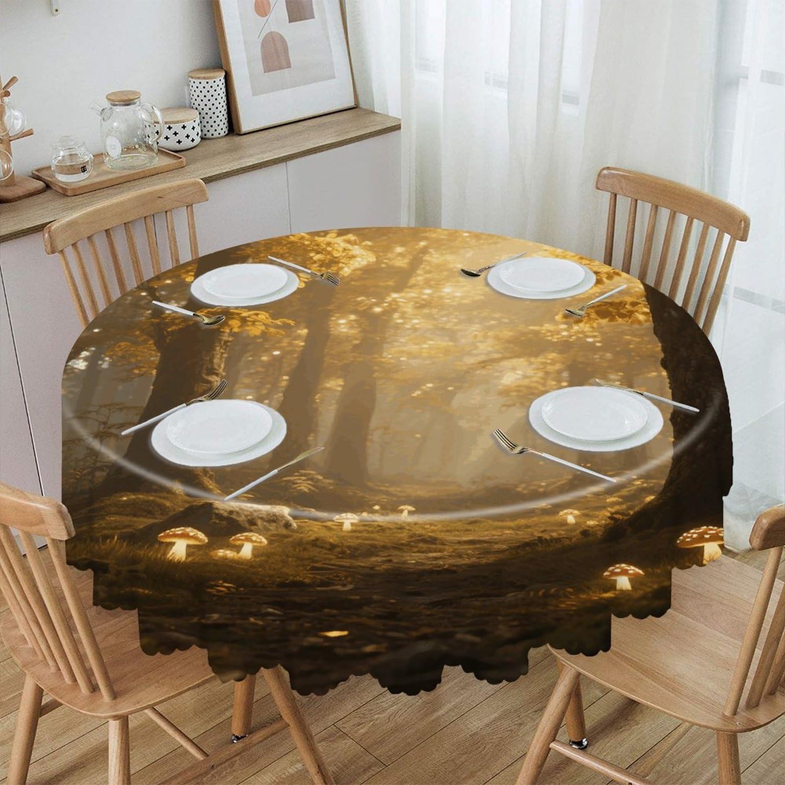 VstaDank Magic Forest Round Tablecloth Wipeable Round Polyester Tablecloth Waterproof Wrinkle Free Indoor and Outdoor Table Cover 60 Inch Decorative Farmhouse Table Cloth for Dining