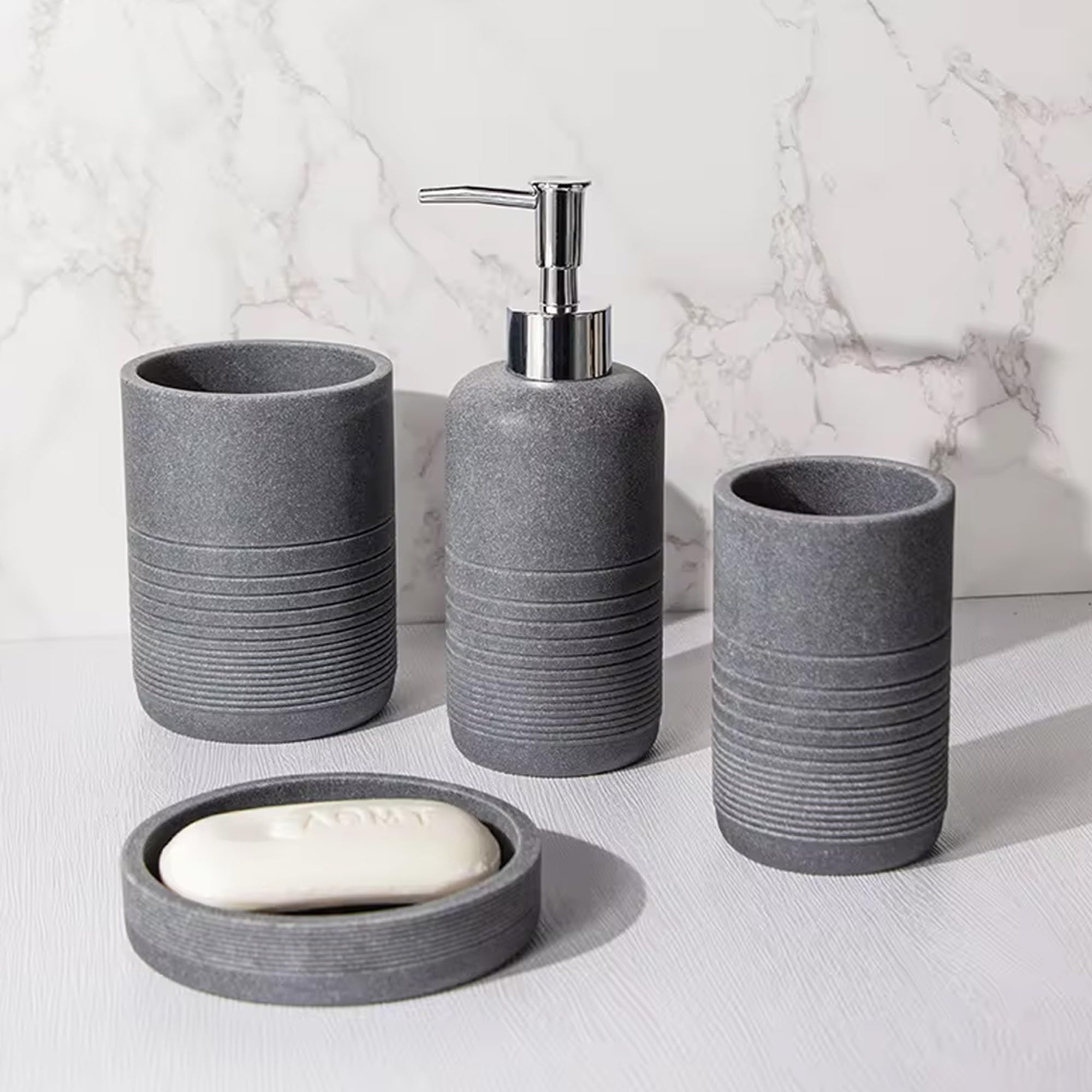 The Better Home Polyresin 4Pcs Bathroom Accessories Set - Soap Dispenser for Bathroom, Tumbler, Toothbrush Holder, Soap Holder | Bathroom Organiser | Handwash Dispenser | Soap Case (4 Pcs- Graphite) (B0DCZ9NLQF) Amazon Price History, Amazon Price Tracker