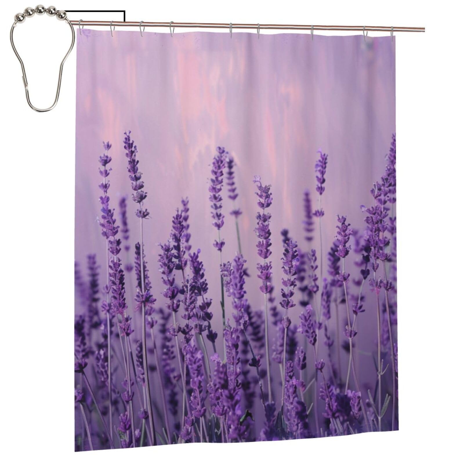 BWWHCCTI Romantic Lavender Printed Shower Curtain With 12 Iron Hooks Opaque Quick Drying Waterproof Shower Curtains Sets For Bathroom 152x183 Cm