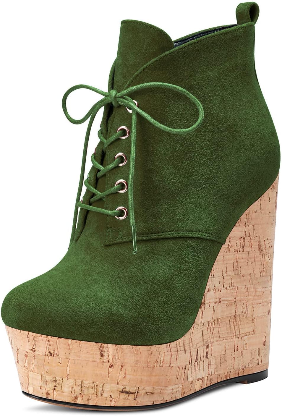 Aachcol Women Wedge Ankle Boots Short Bootie Close Round Toe Chunky Block High Heel Dress Shoes Suede Lace-up 6 Inch