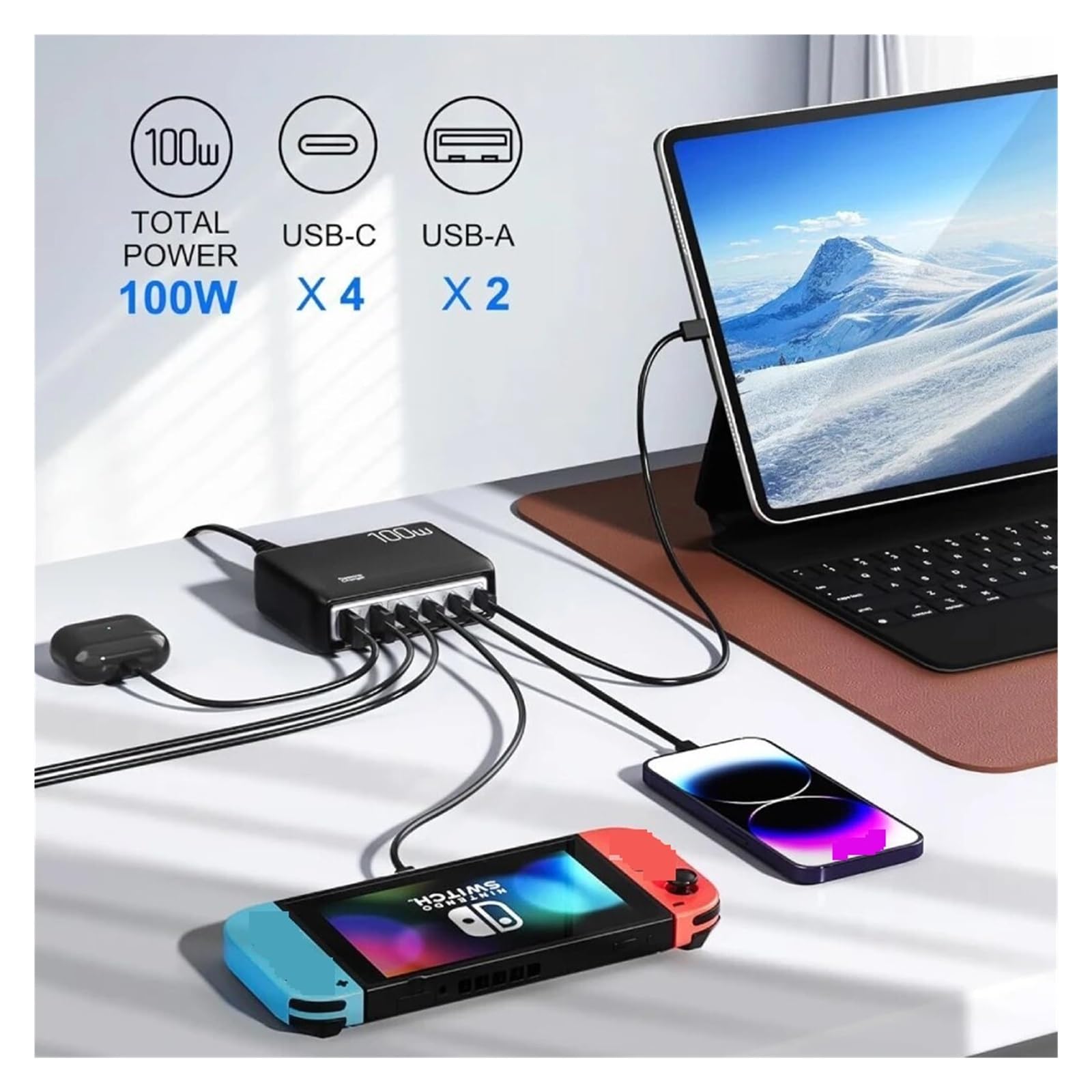 Ładowarka USB 100 W Typu C PD Szybkie Ładowanie Wiele 6 Portów Stacja Ładująca Biurkowa Do Telefonu MożLiwość Szybkiego łAdowania(Black)