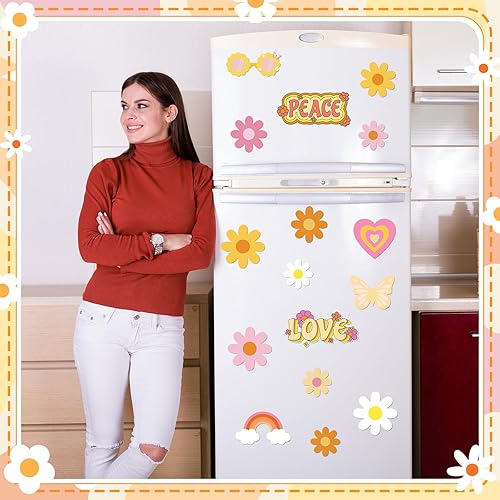 Miniatura 5 de Weewooday 16 calcomanías magnéticas de margaritas Groovy para automóvil, diseño de margaritas bohemias de los años 70, diseño hippie, retro, diseño