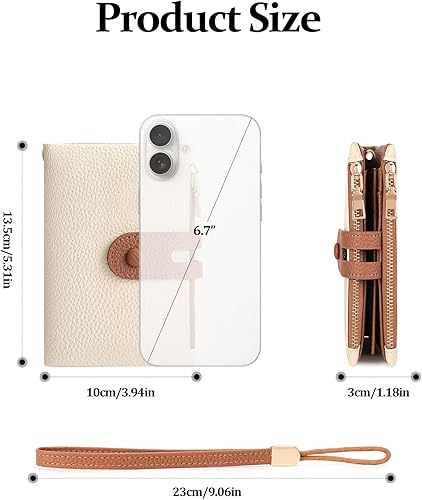 Miniatura 3 de FALAN MULE Cartera pequeña de cuero para mujer, con bloqueo RFID, tarjetero plegable con bolsillos dobles con cremallera, Blanco y marrón, Compacto
