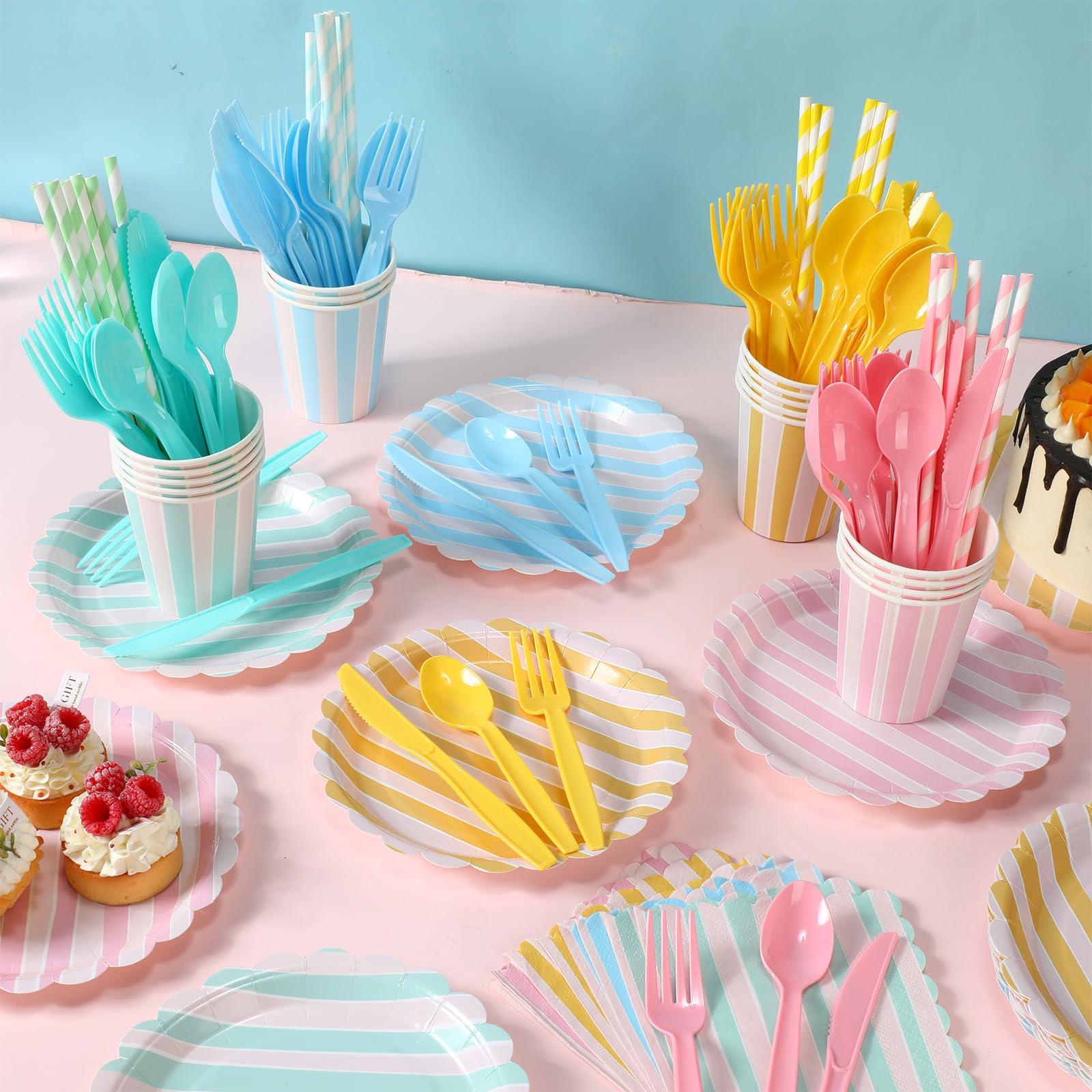 Potchen Juego de 220 platos de rayas pastel para 24 invitados, suministros de decoración de fiesta | Servilletas de papel desechables de 7 y 9 pulgadas con popotes para vajilla, cumpleaños, boda, baby shower, primavera, picnic