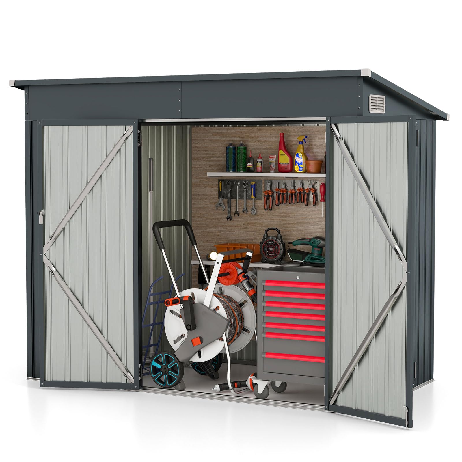 GOPLUS Cobertizo de Jardín de Metal Galvanizado con Puertas Delanteras y Laterales, Caseta de Herramientas con Techo Inclinado, Almacén Exterior para Jardín, Patio, Césped, 235 x 117 x 185 cm