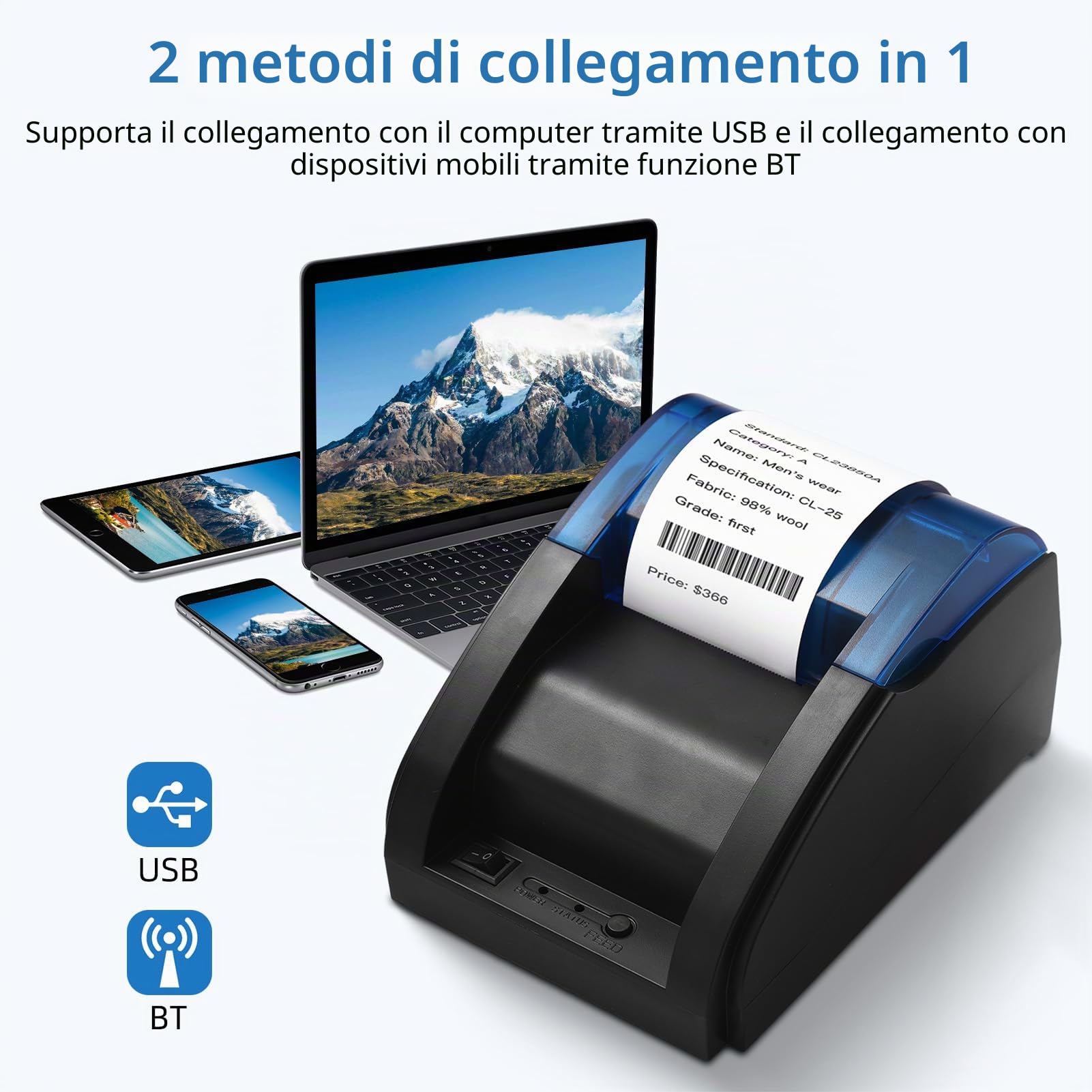 Stampante per ricevute desktop da 58 mm, stampa termica diretta compatibile con Android/iOS/Windows, supporta ESC/POS per la spedizione, ristorante, cucina, supermercato, casa,