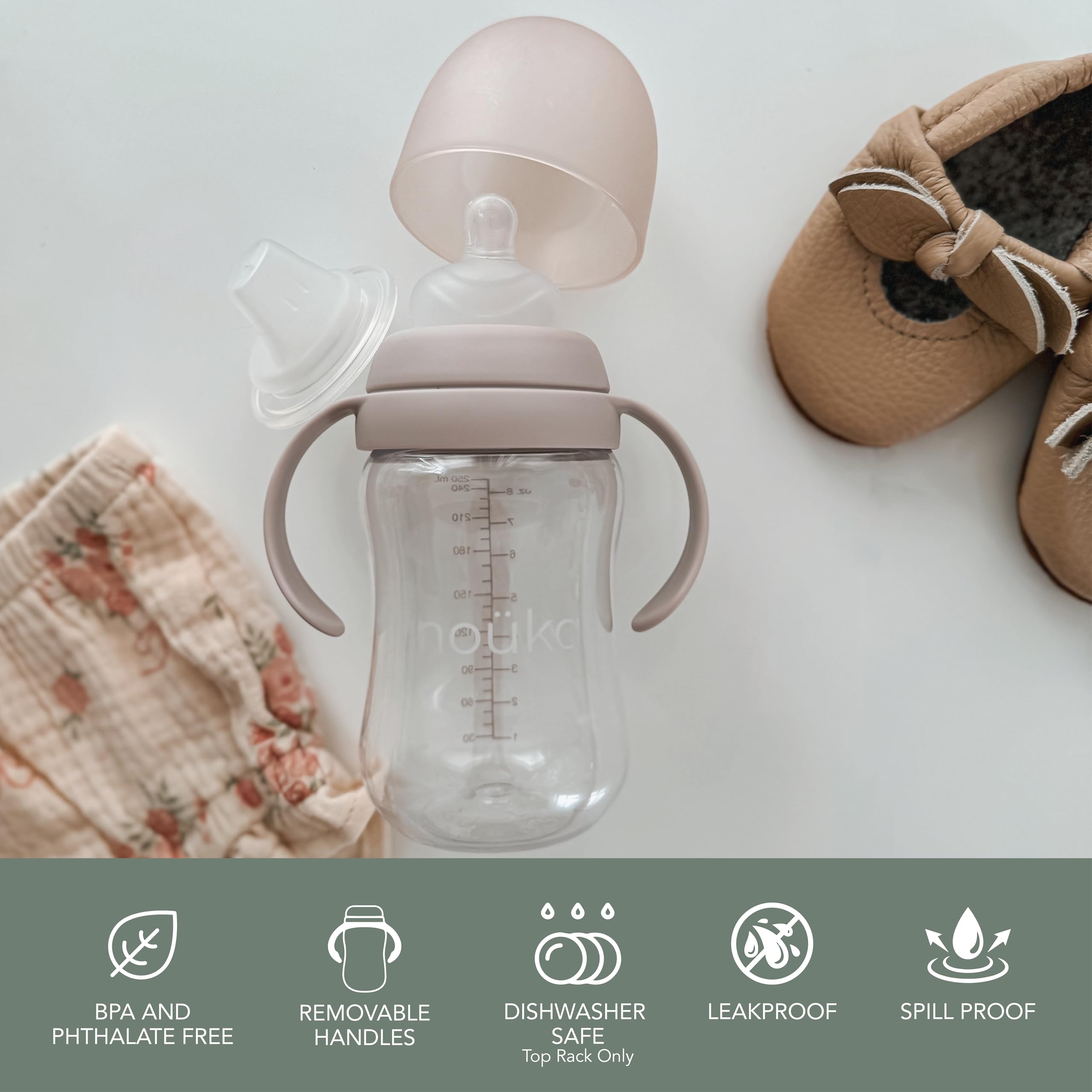 noüka Transitional Baby Bottle/Sippy Cup | Non Spill | Easy Grip Double Handles | Dishwasher Friendly | Moss | Size 8 Oz