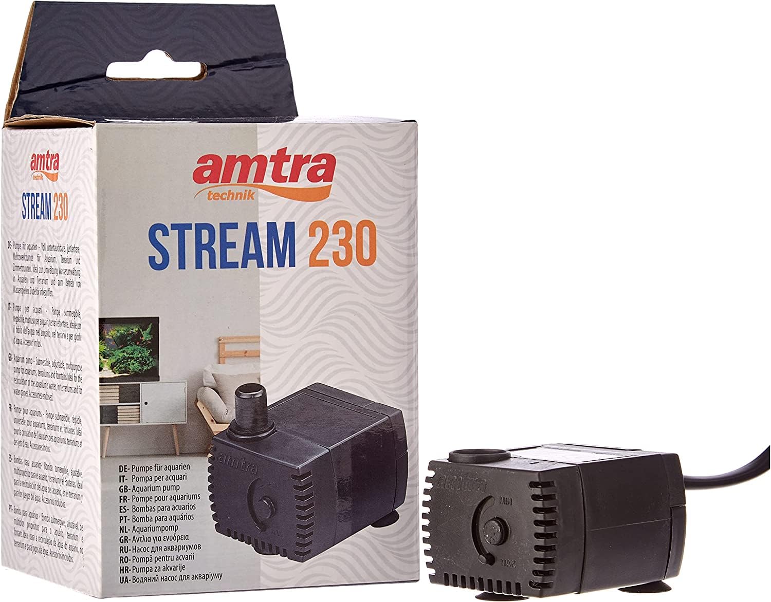 Amtra Stream 230 - Pompe submersible pour aquarium, silencieux, débit d'eau réglable, 230 l/h - 3.0W - 220v, Petite Pompe à Eau pour Fontaines pour Chats, Bassins et Fontaines