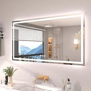 55"X30" LED Bathroom Mirror with Front Lights and Backlit, Anti-Fog, Dimmable, Shatter-Proof Tempered Glass, Lighted Bathroom Vanity Mirror for Wall with 3 Colors, Memory Function
