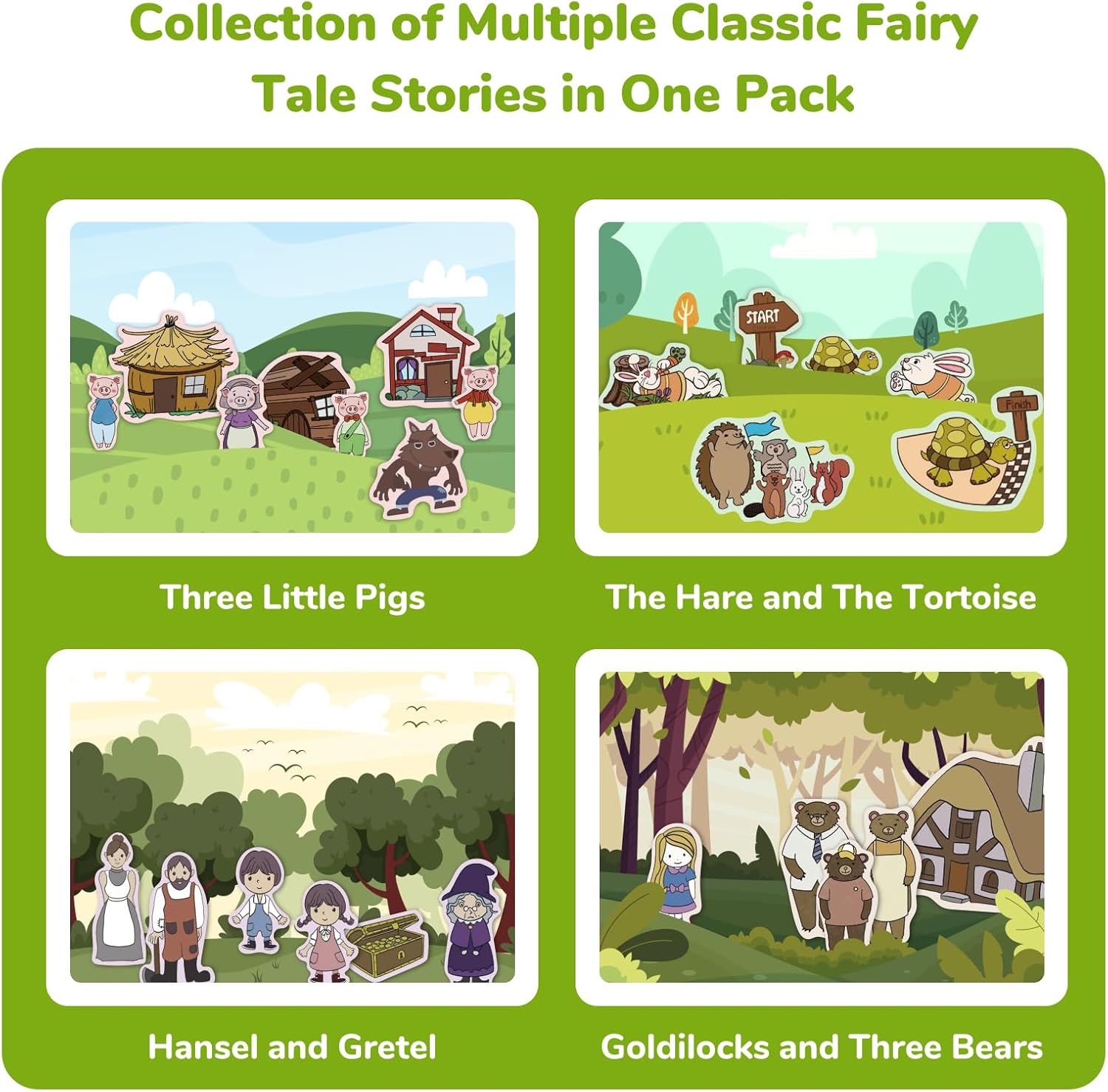 CHEFAN Felt/Flannel Board Story Set of 4, PRECUT Felt Pieces for Preschool Toddlers, Three Little Pigs|Goldilocks and Three Bears|Hansel and Gretel|The Hare and Tortoise
