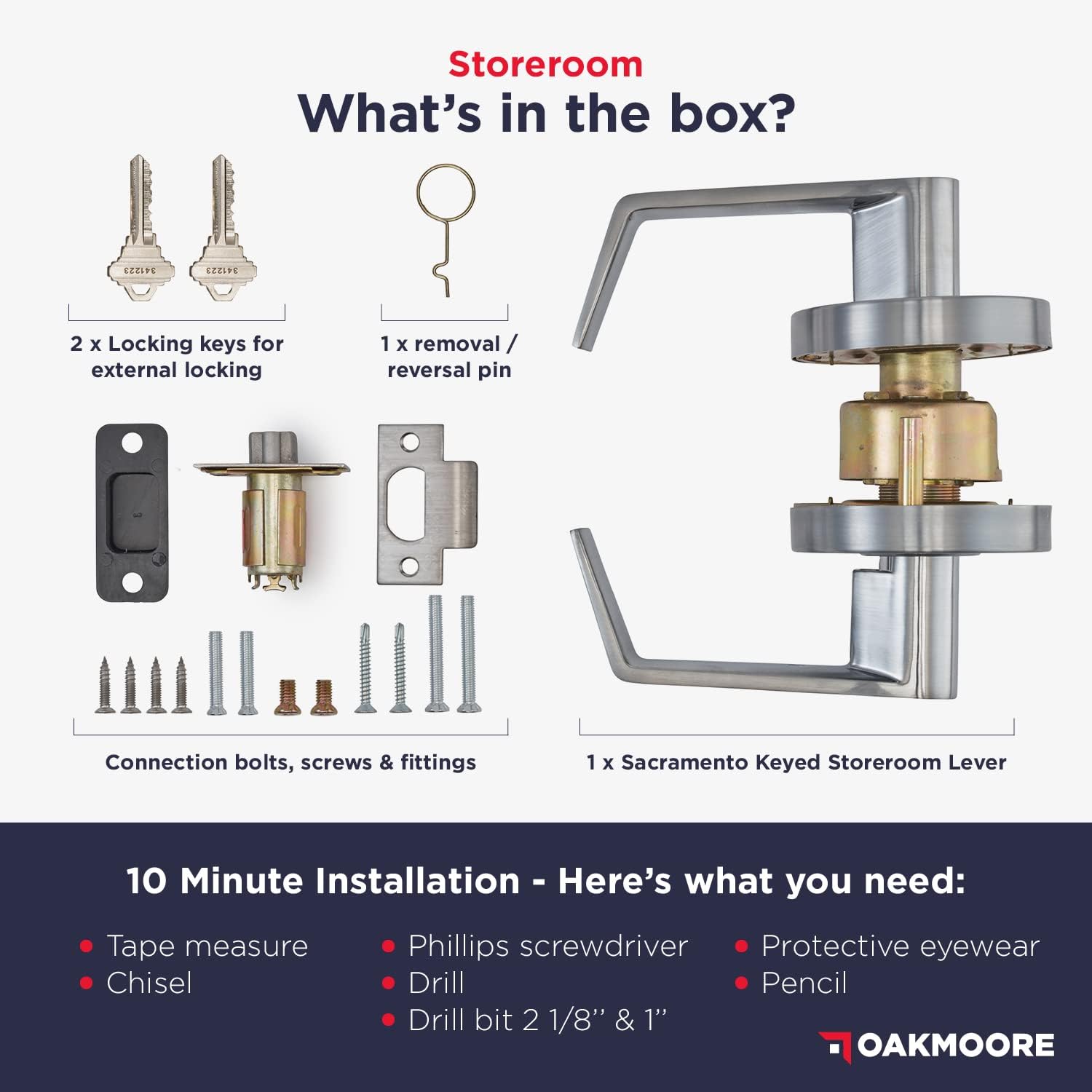 Heavy Duty Commercial Door Handle | Storeroom Lock Function | Grade 2 Commercial Door Locks, Keyed for Schools & Businesses | Storeroom Door Knob | Nickel Finish Lockset | C UL & ADA | ANSI A156.2