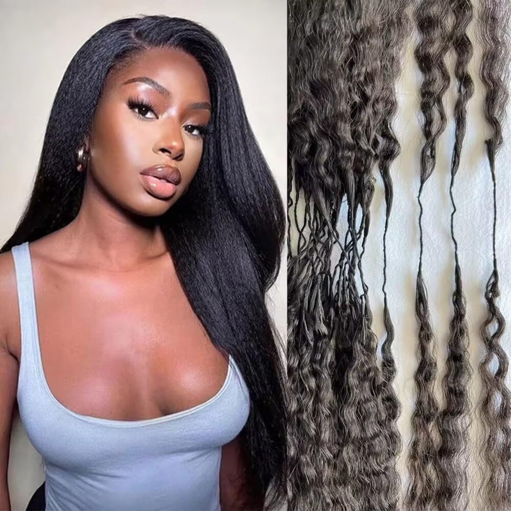 Kinky Straight Feather Crochet Human Hair Extension Yaki Wave Pre Separated Knotless Crochet Hair Micro Bundles With Loop For Reusable Boho Braids Natural Black 14Inch