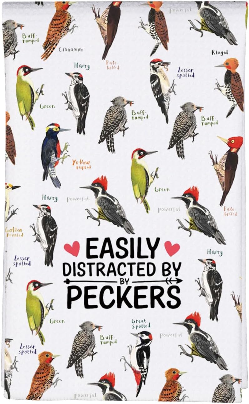 MBMSO Pecker Kitchen Towel Easily Distracted by Peckers Bird Gifts for Pecker Lover Woodpecker Towel Ornithologist Gifts (Pecker TW)