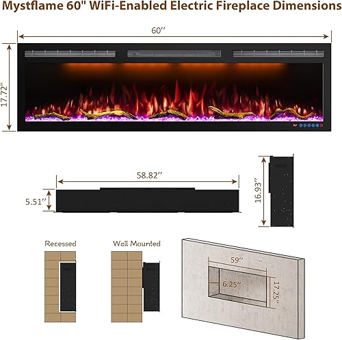 Miniatura 5 de Mystflame Chimenea eléctrica empotrada y montada en la pared calentador de chimenea eléctrico delgado de 60 pulgadas 7501500 W color de llama