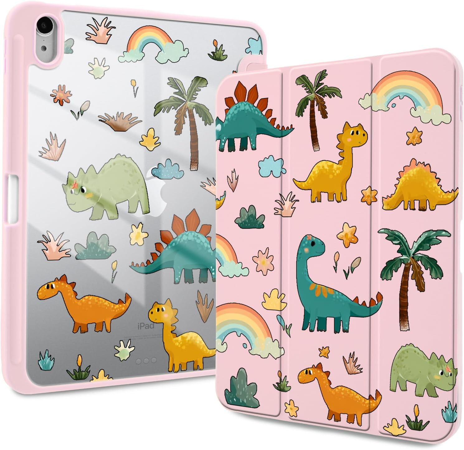 Idocolors Case for iPad 7th/8th/9th Gen 10.2 inch, Shockproof Cover Clear Transparent Back Shell with Pencil Holder, Auto Wake/Sleep Case for Women Girls, Dinosaurs-Pink