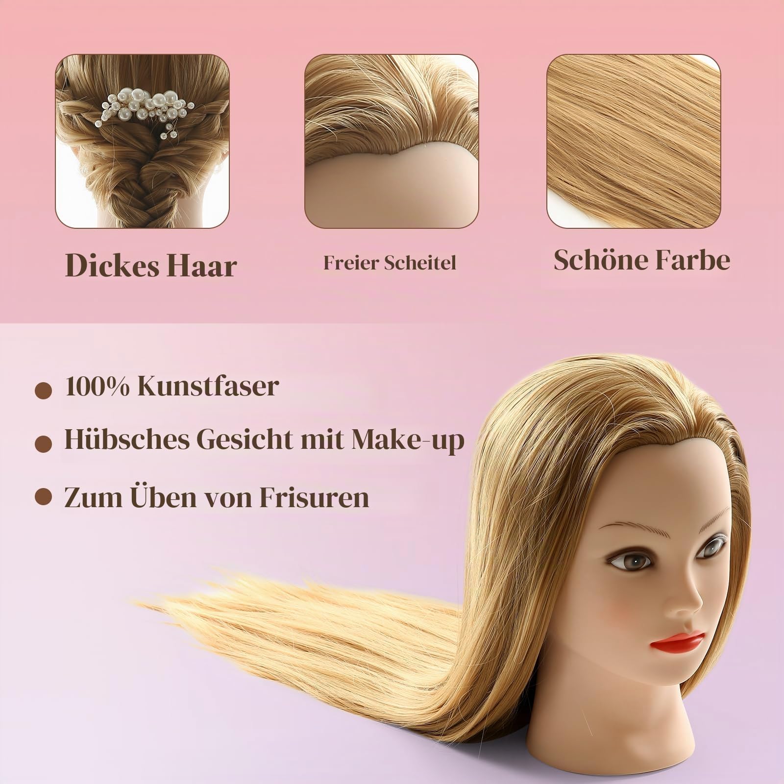 Frisierkopf Echthaar mit Ständer, 26 Zoll 100% Synthetisches Haar Trainingsköpfe für Friseure, Übungskopf Friseur Puppe Mannequin Kopf mit DIY Haare Frisuren Set