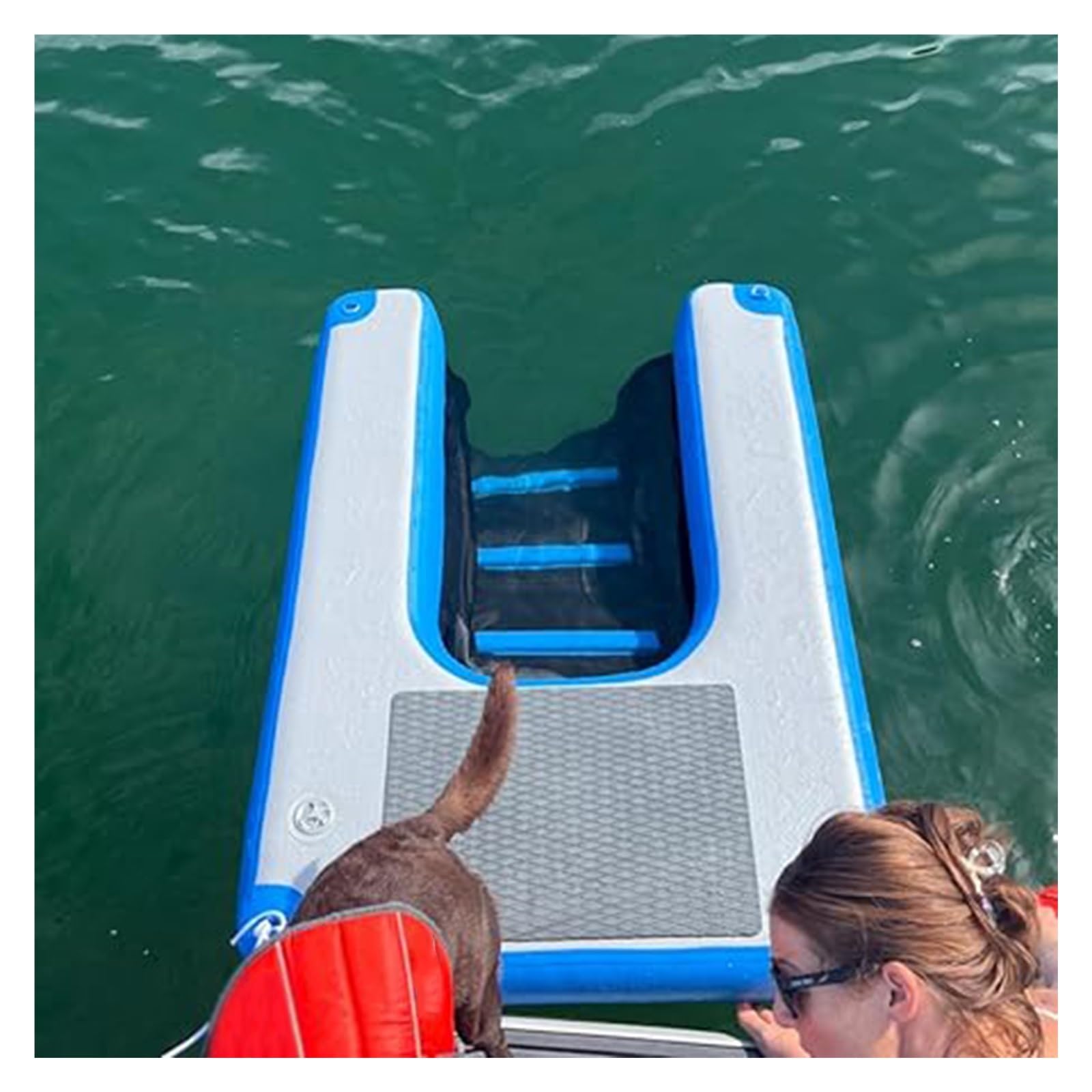 rampa de agua para perros Rampa flotante para perros, para piscinas, pontones, lagos y playas. Escalera para perros. Rampas inflables, azul, antideslizantes. Plataforma de EVA. Para perros de 60 kg. S