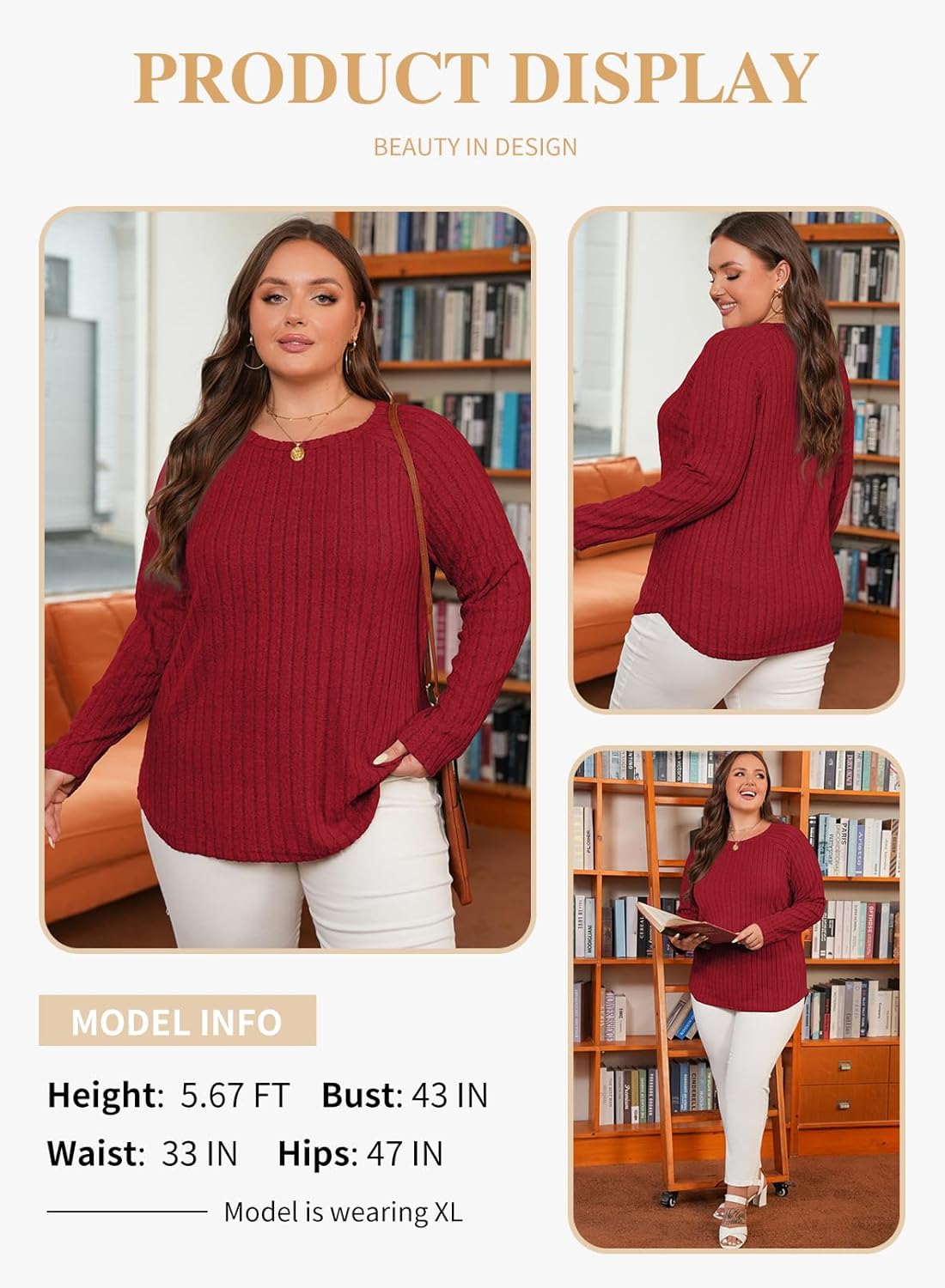 Eytino Plus Size Tops for Women Fall Soft Solid Crewneck Long Sleeve Knitted Pullover Blouses Shirt(1X-5X) - Image 3