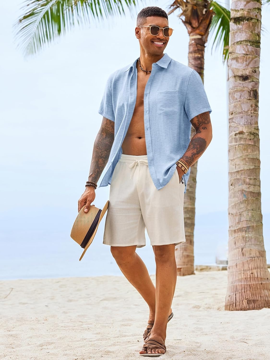 Runcati Mens Button Down Linen Shirt Short Sleeve Casual Vacation Shirts Summer Beach Wedding Tops with Pocket - Image 5