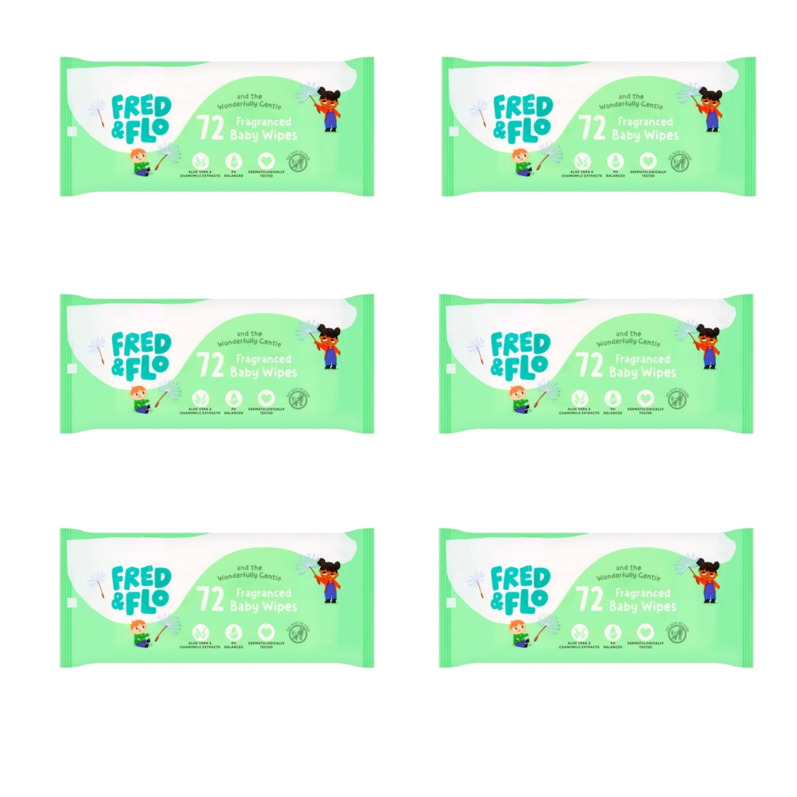 Bizzal Fred & Flo Fragranced Baby Wipes with Aloe Vera and Chamomile Extracts, pH Balanced, 72 Wipes per Pack, 6 Pack Total 432 Count, Total 432 wipes