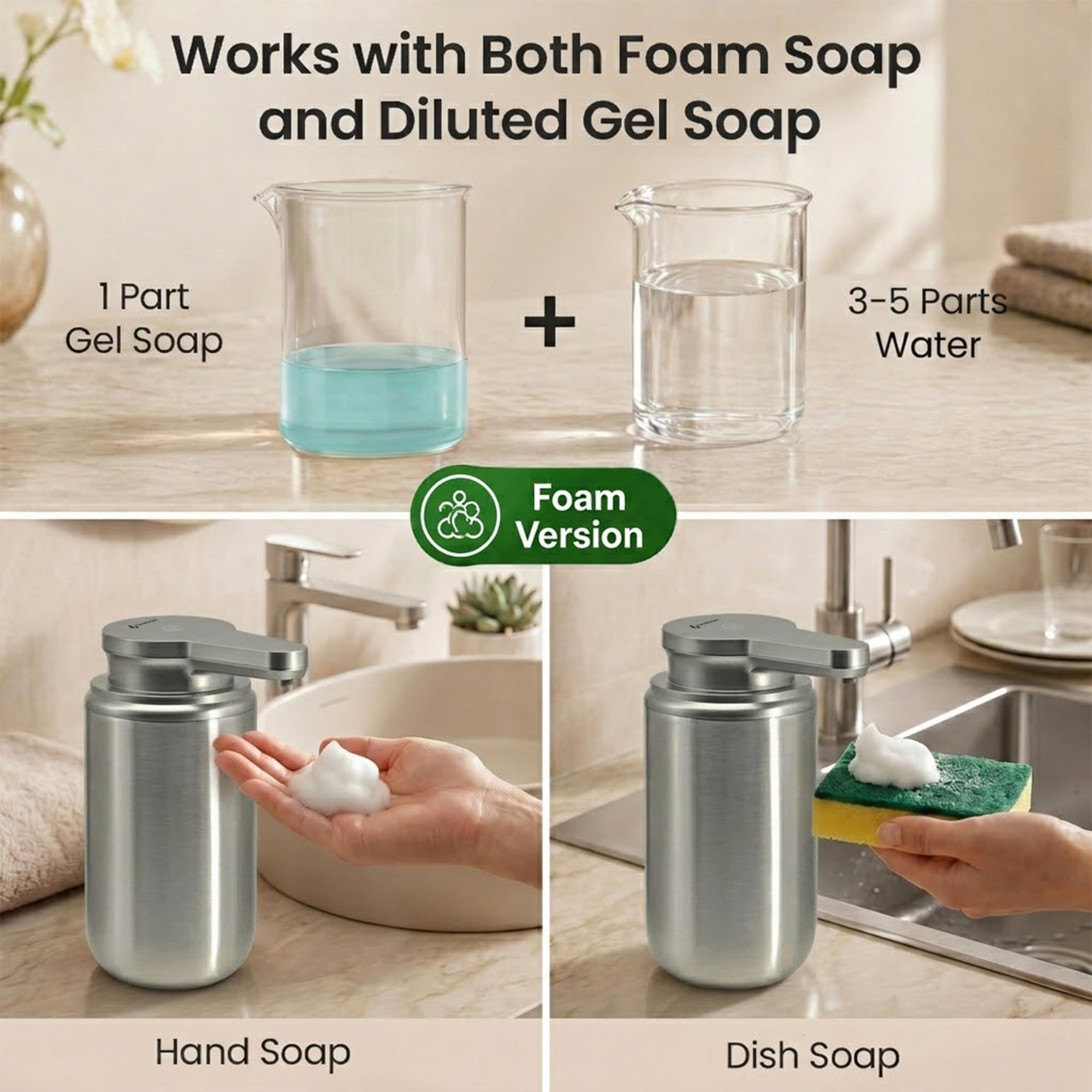 GentleJet SimpleFoam, dispenser automatico di sapone in schiuma, ricaricabile, senza contatto, per bagno o cucina, doppi livelli di schiuma, modalità di pulizia automatica (acciaio spazzolato, 350 ml)